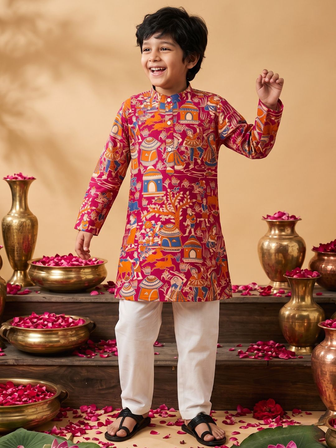 Pink Abstract Printed Cotton Kurta Pyjama Set For Boys
