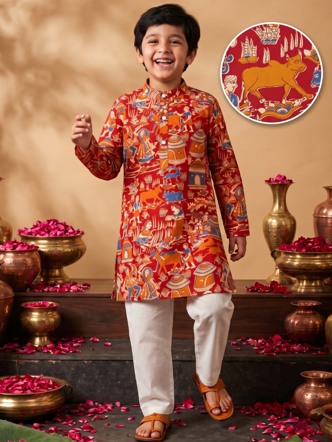 Red Abstract Printed Cotton Kurta Pyjama Set For Boys