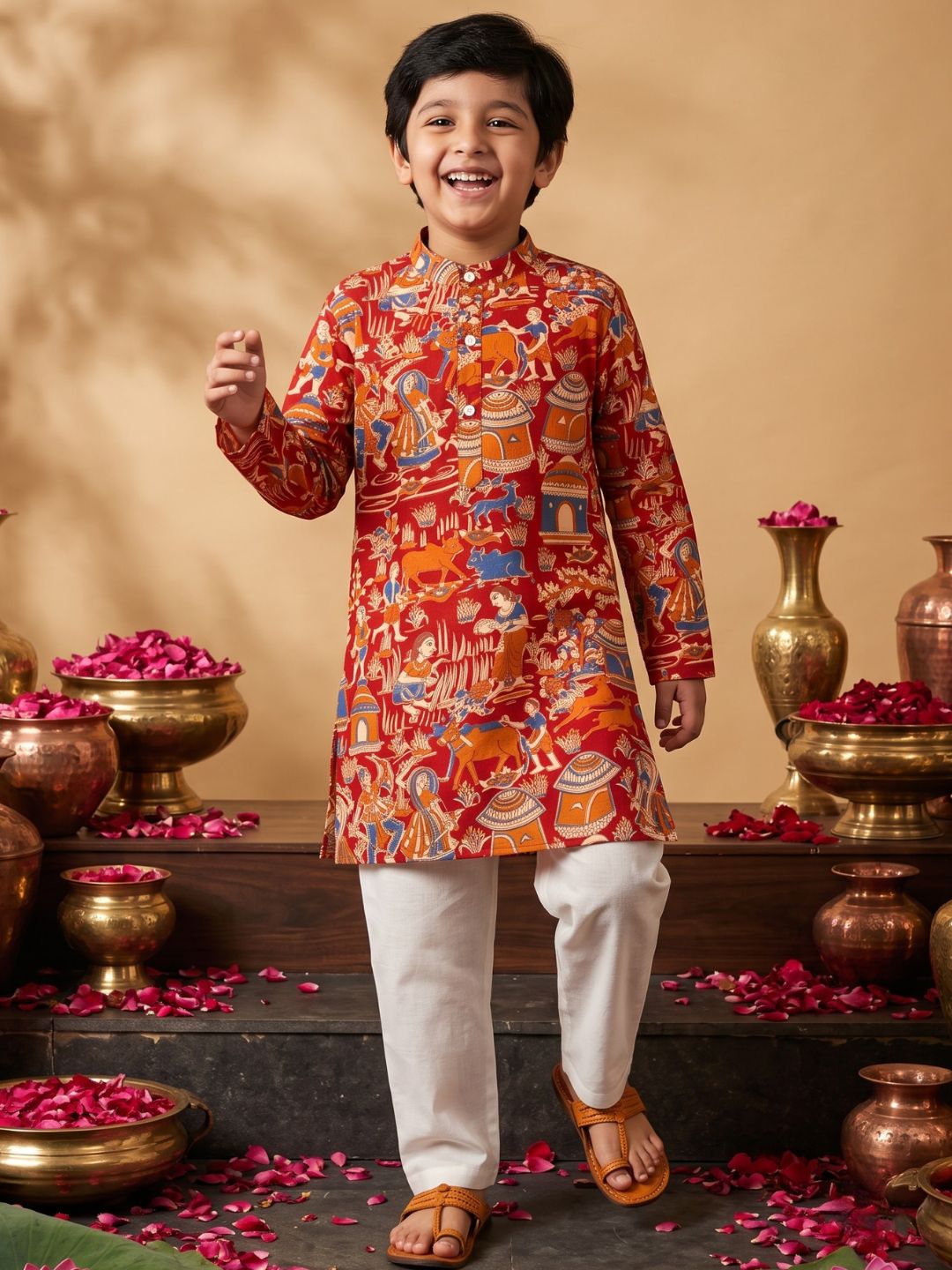 Red Abstract Printed Cotton Kurta Pyjama Set For Boys