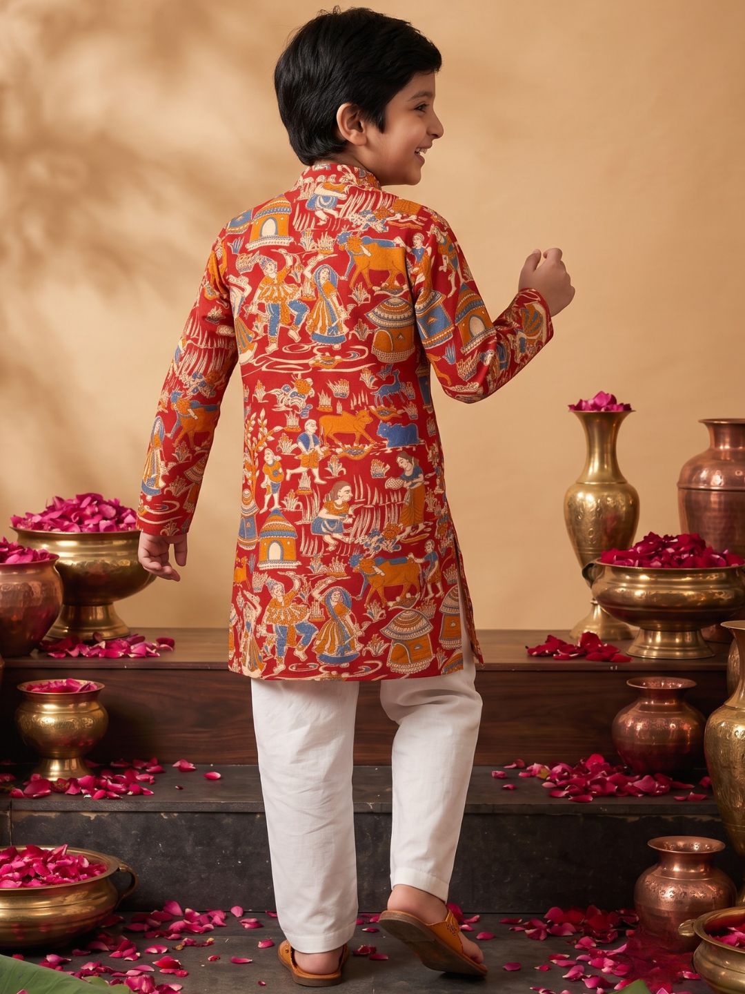 Red Abstract Printed Cotton Kurta Pyjama Set For Boys