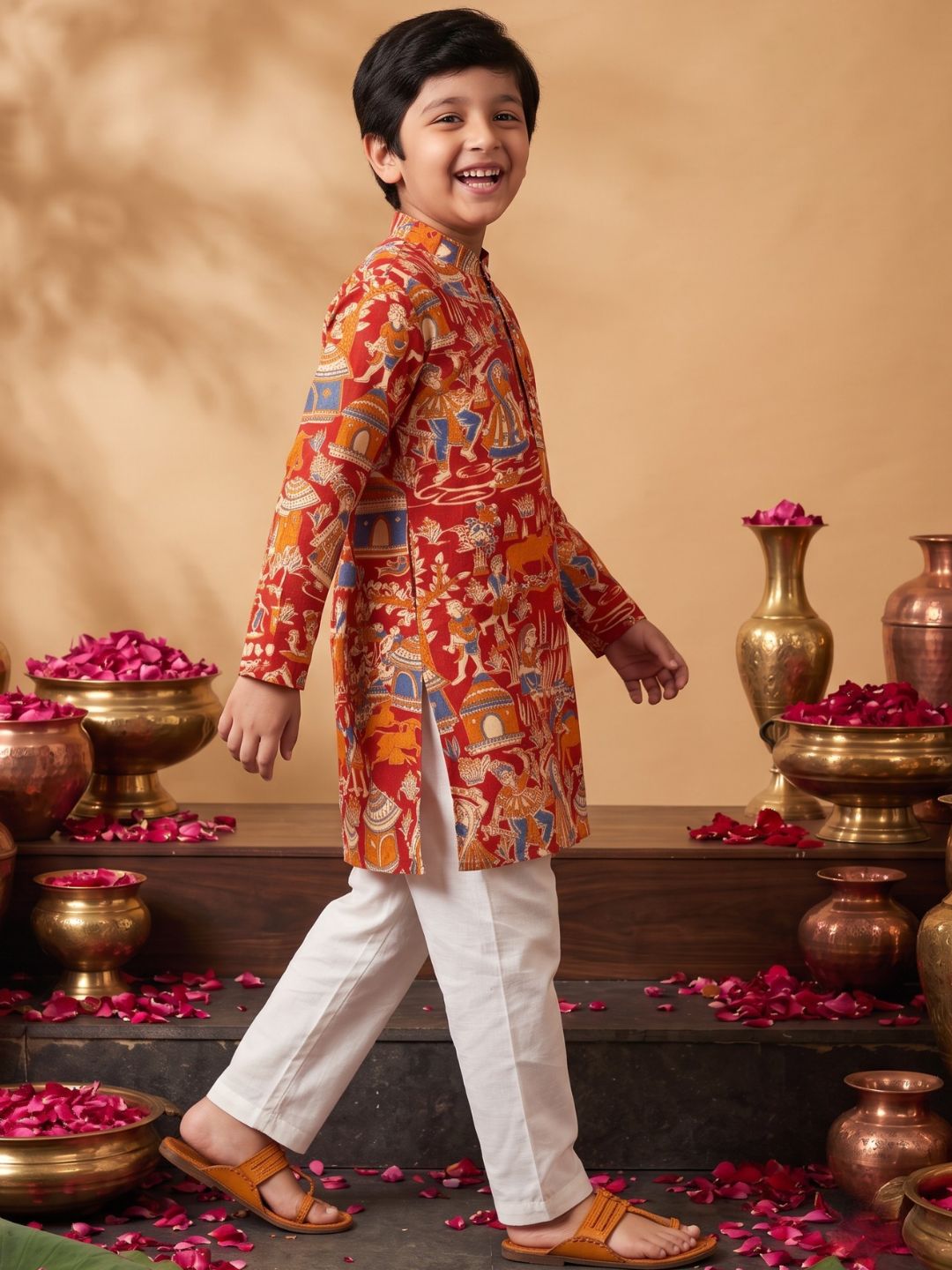 Red Abstract Printed Cotton Kurta Pyjama Set For Boys