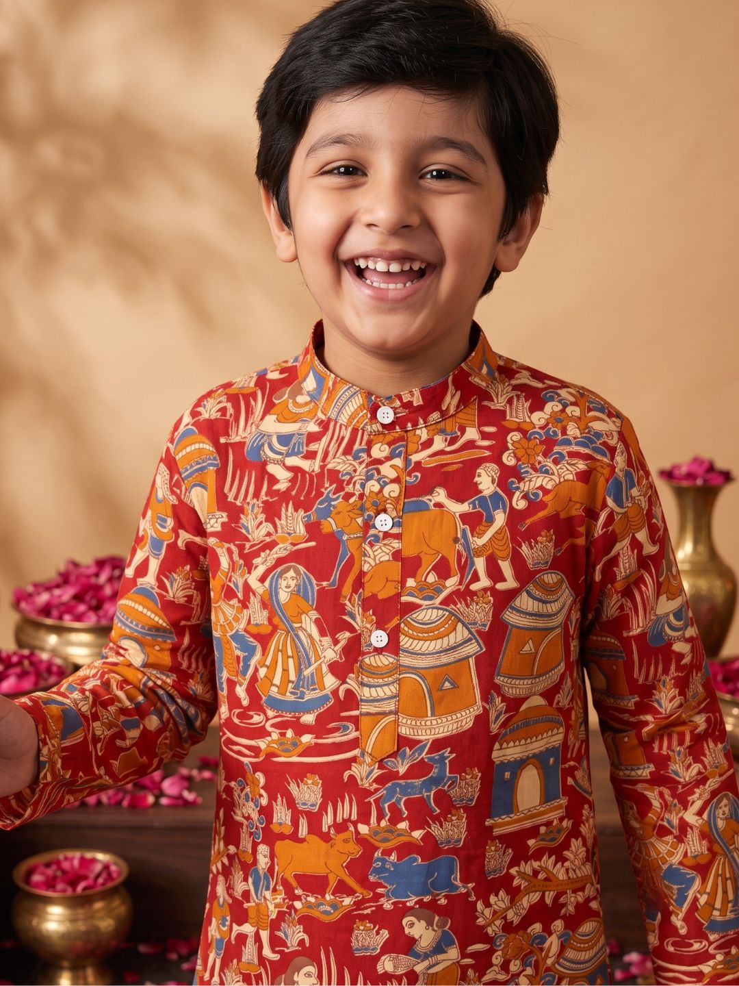 Red Abstract Printed Cotton Kurta Pyjama Set For Boys