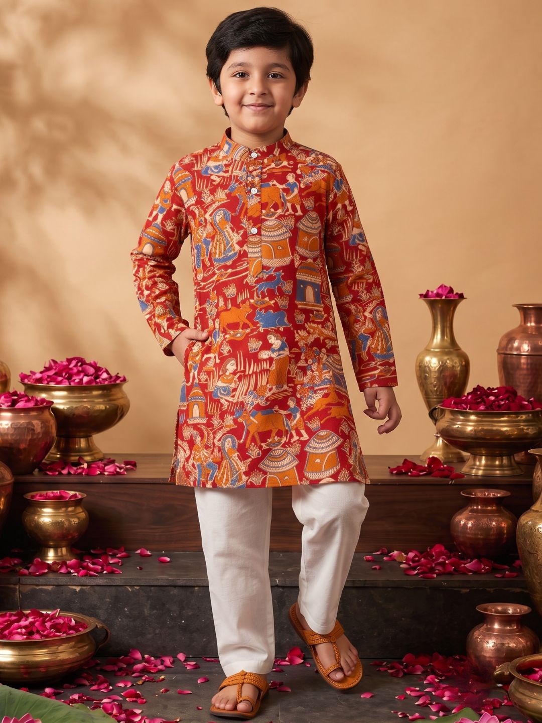 Red Abstract Printed Cotton Kurta Pyjama Set For Boys