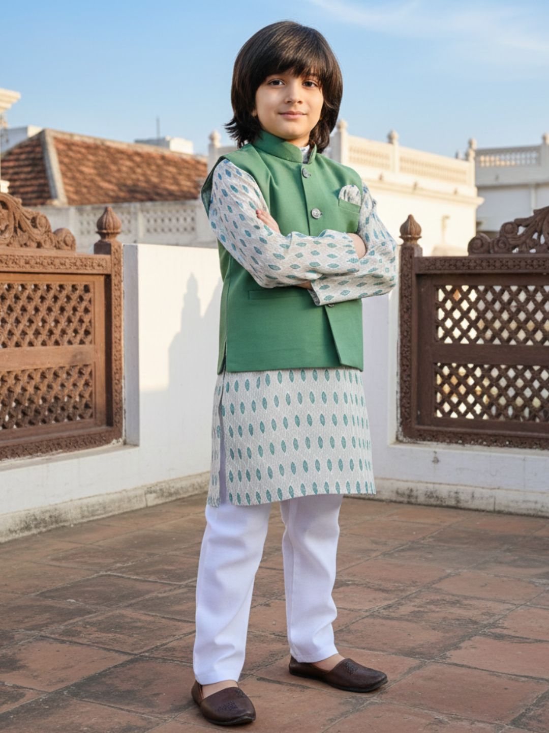Kids Boys Green Printed Cotton Suit Set