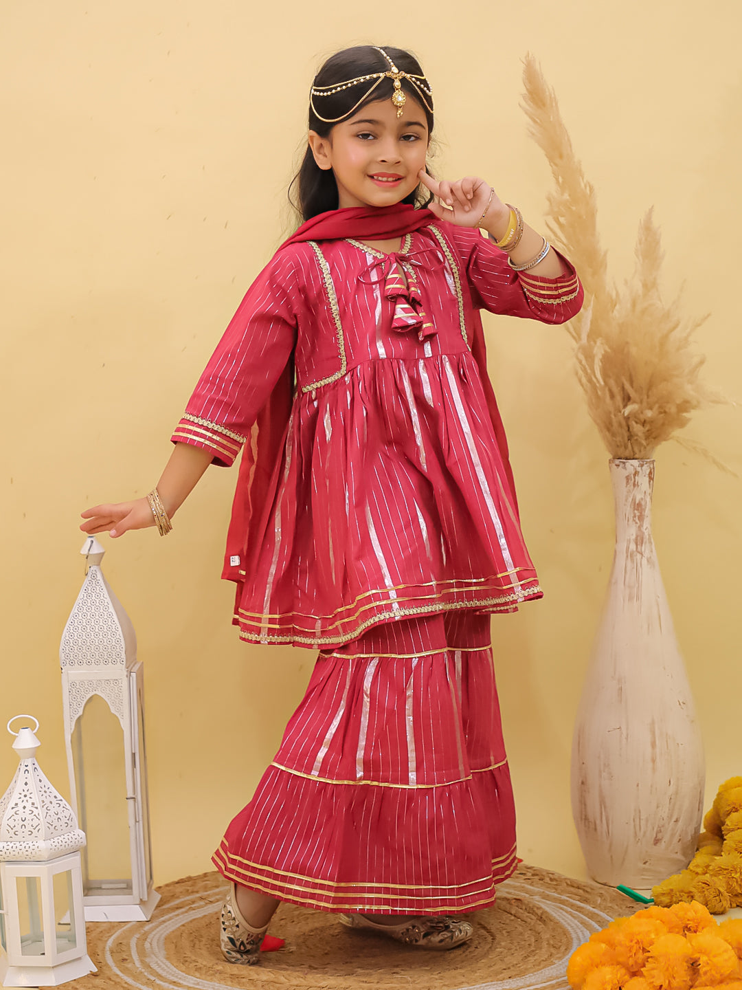 Maroon Cotton Sleeveless Lurex and Gotta Work Girls Suit Set