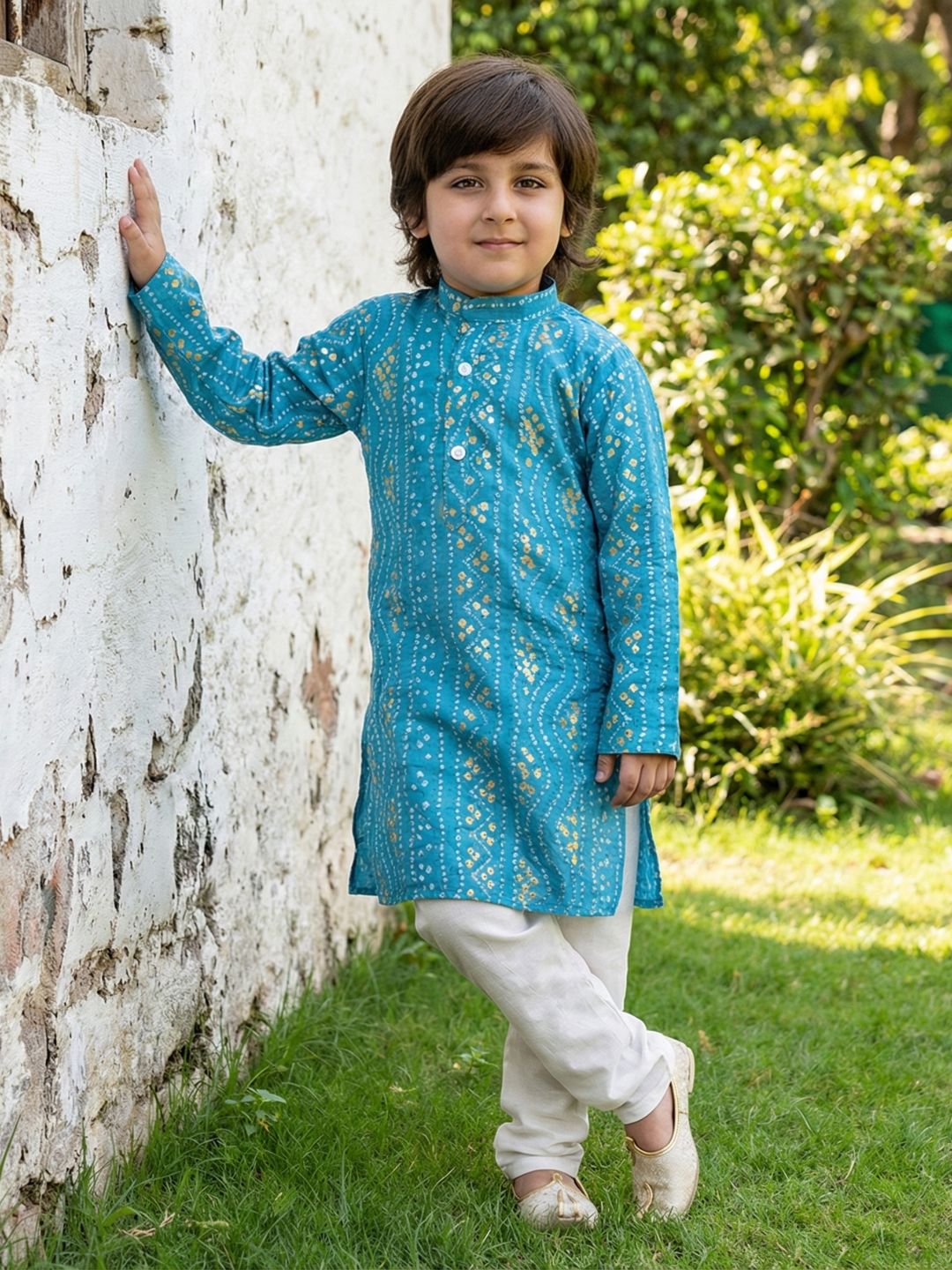 Kids Boys C-Blue Bandhani Print Cotton Kurta Pyjama Set