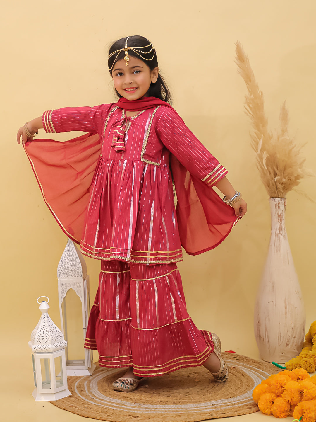 Maroon Cotton Sleeveless Lurex and Gotta Work Girls Suit Set