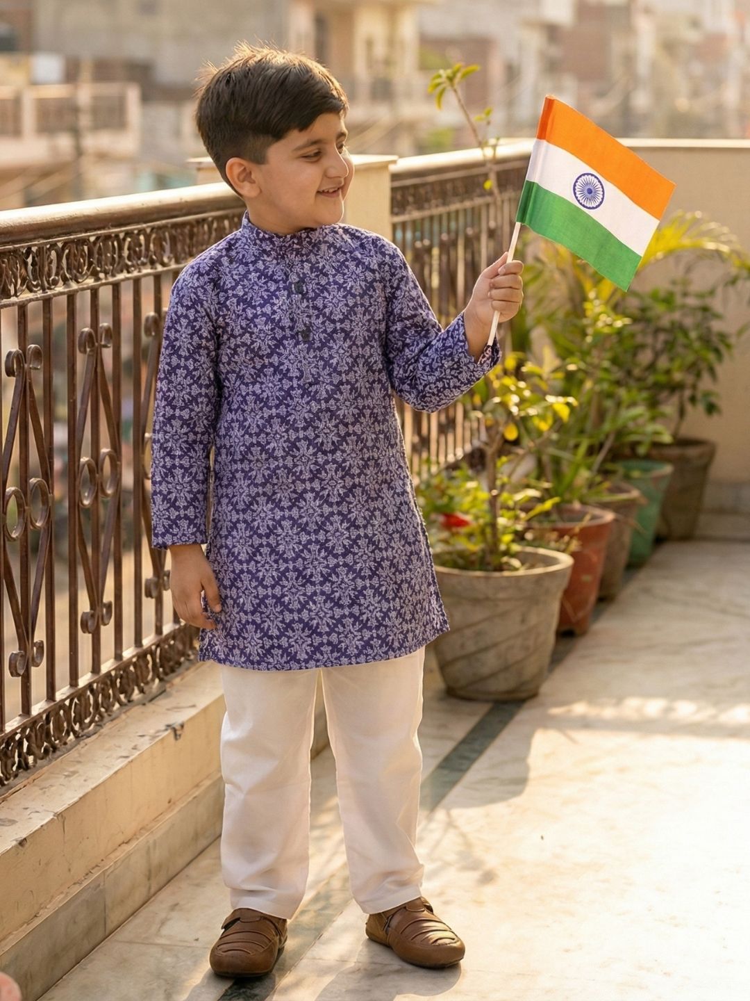Boys Dark Blue Cotton Full sleeves Printed Kurta Pyjama Set