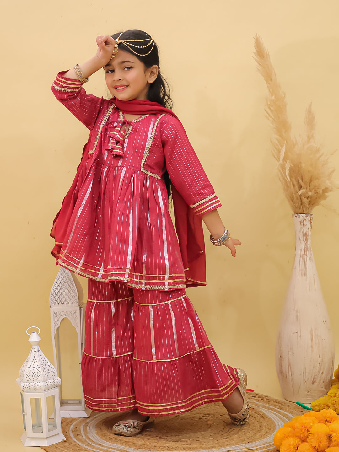 Maroon Cotton Sleeveless Lurex and Gotta Work Girls Suit Set