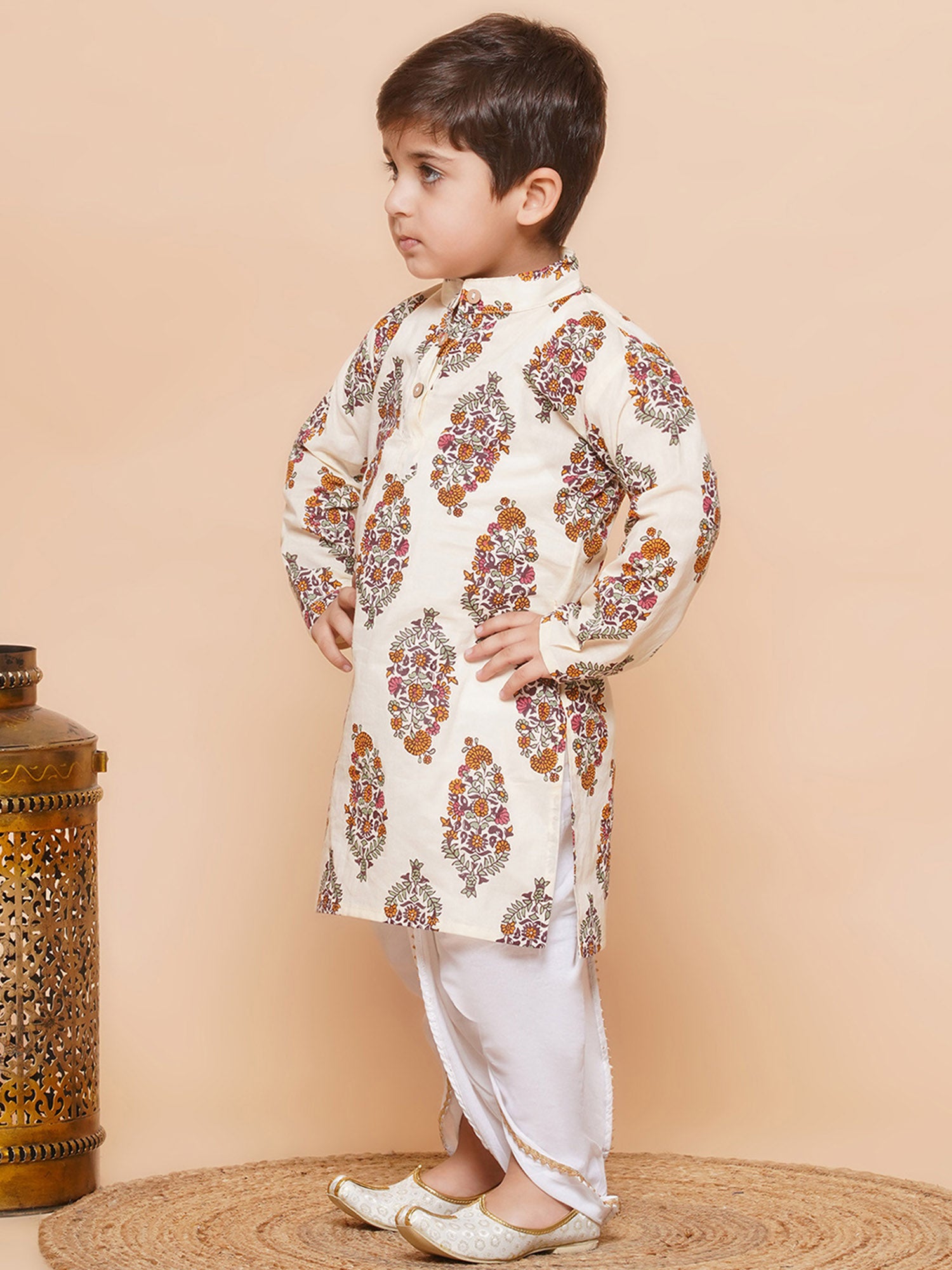 Boys Cream Off White Printed Pure Cotton Dhoti Set for Kids - AJ Dezines