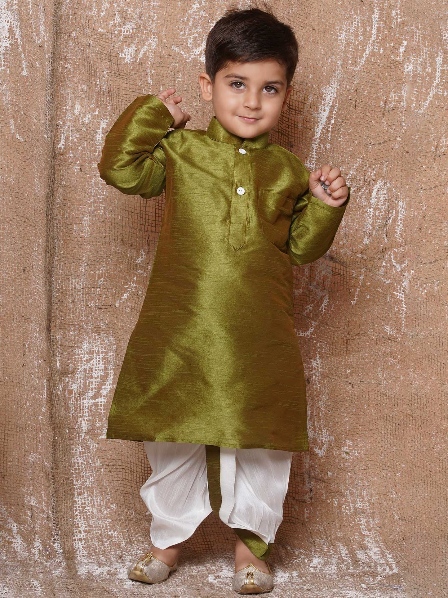 Kids Boys Olive Solid Silk Blend Dhoti Set