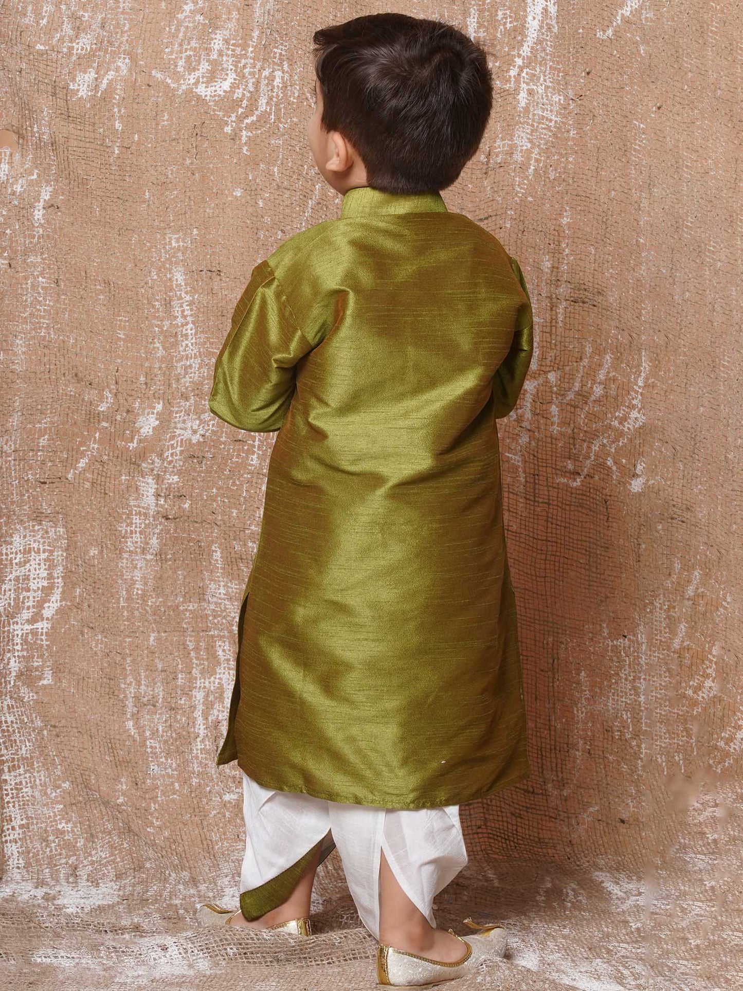 Kids Boys Olive Solid Silk Blend Dhoti Set