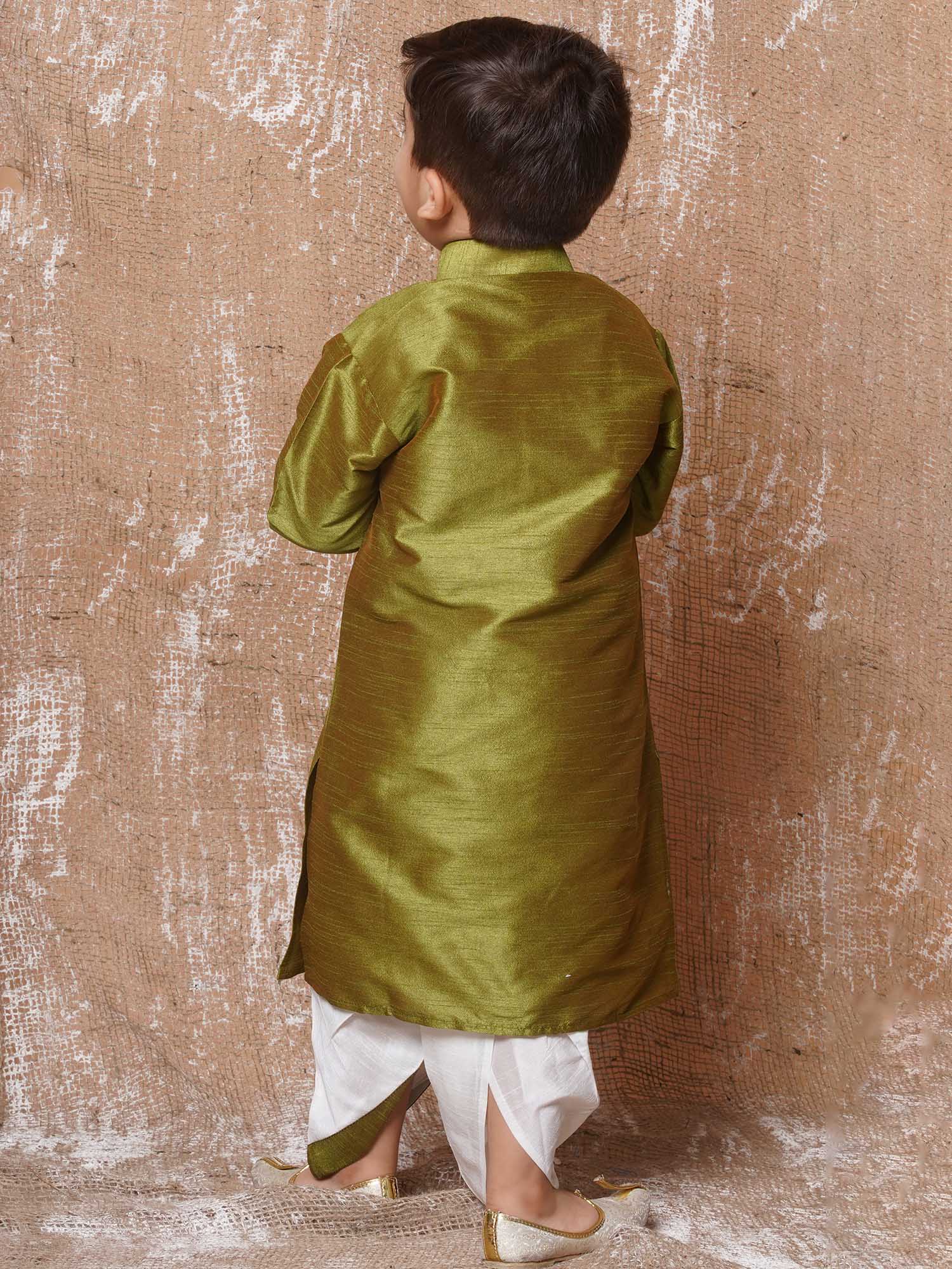 Kids Boys Olive Green Silk Blend Dhoti Kurta Set for Festive Wear - AJ Dezines