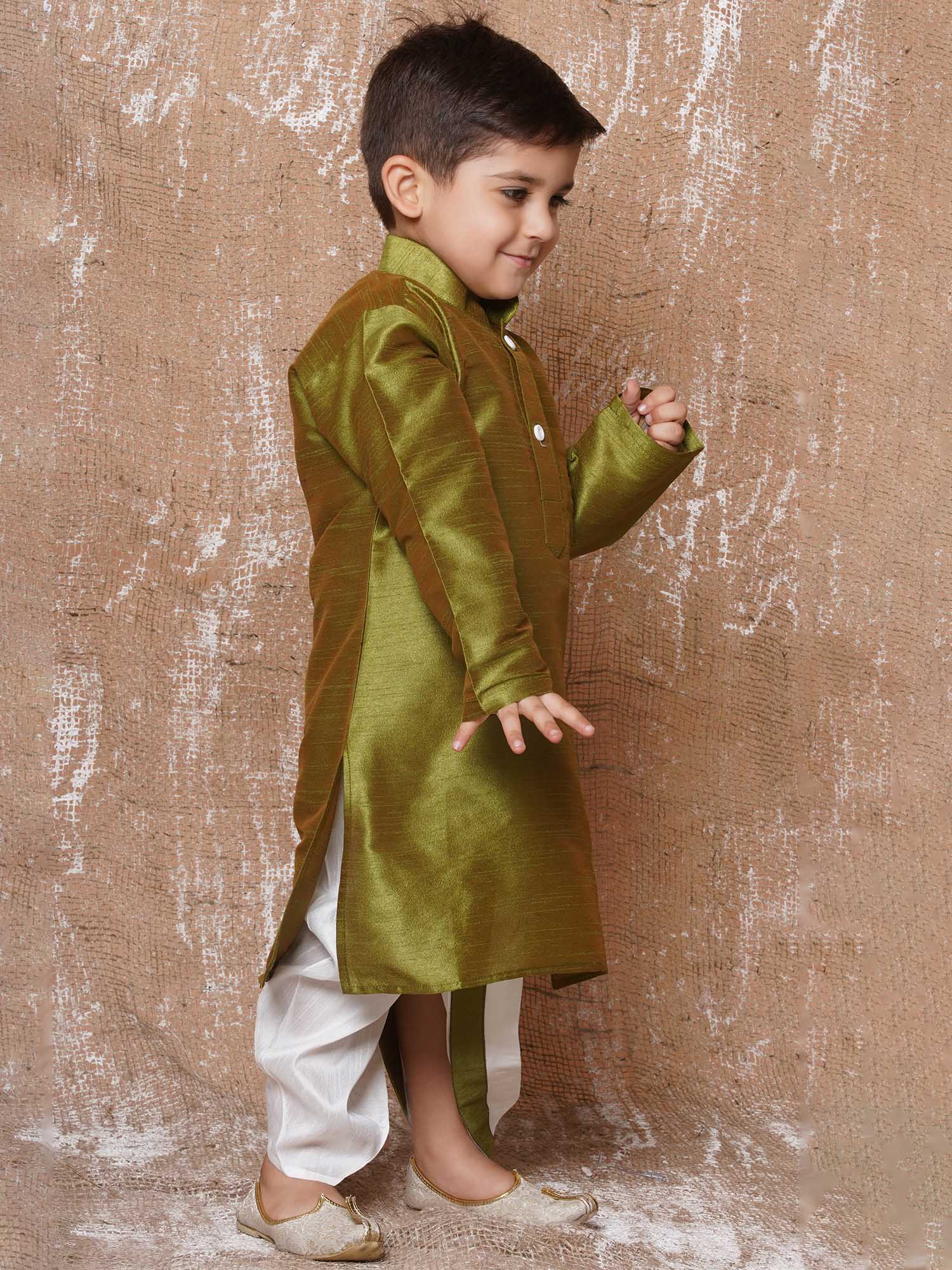 Kids Boys Olive Green Silk Blend Dhoti Kurta Set for Festive Wear - AJ Dezines