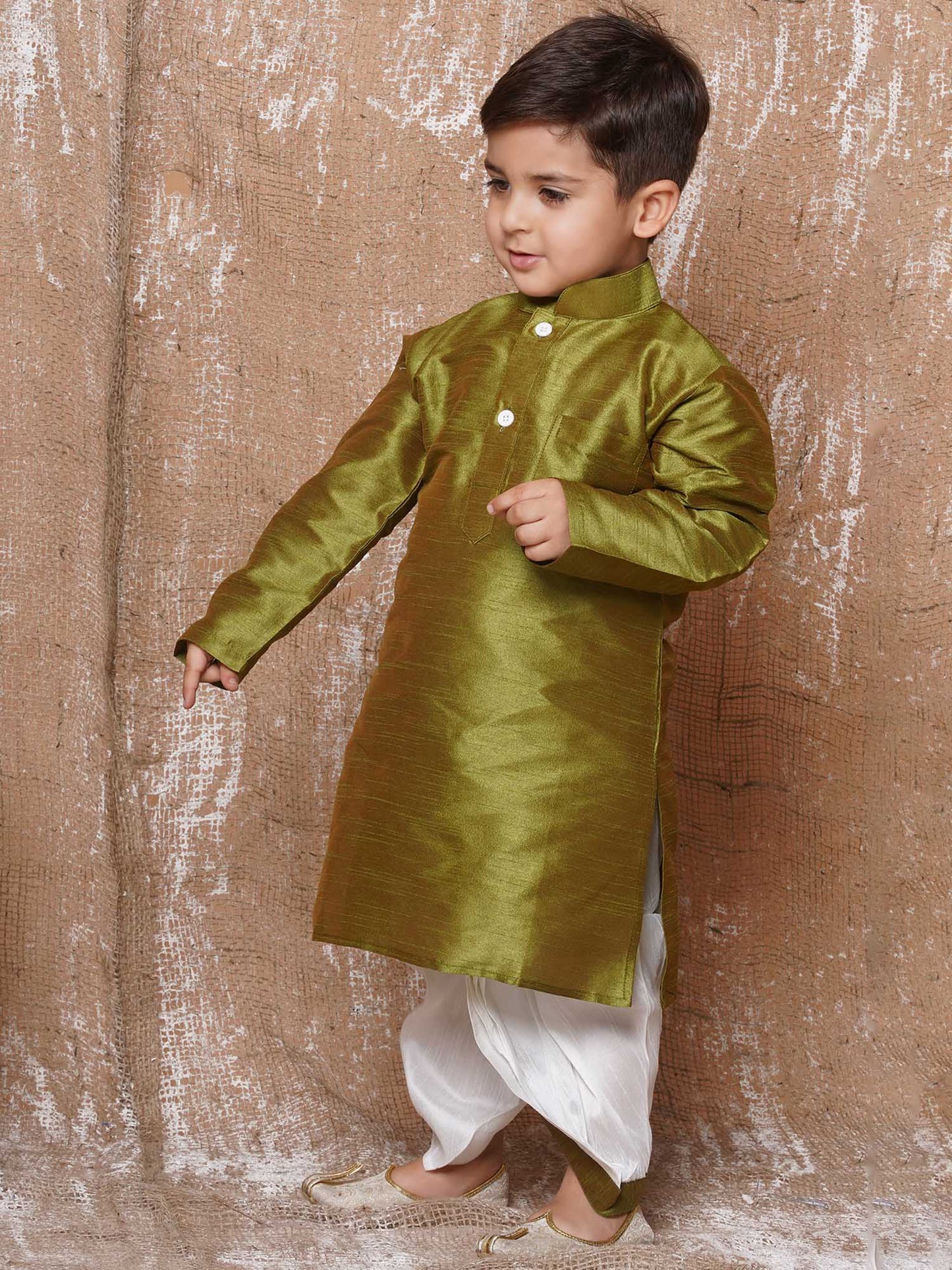 Kids Boys Olive Solid Silk Blend Dhoti Set