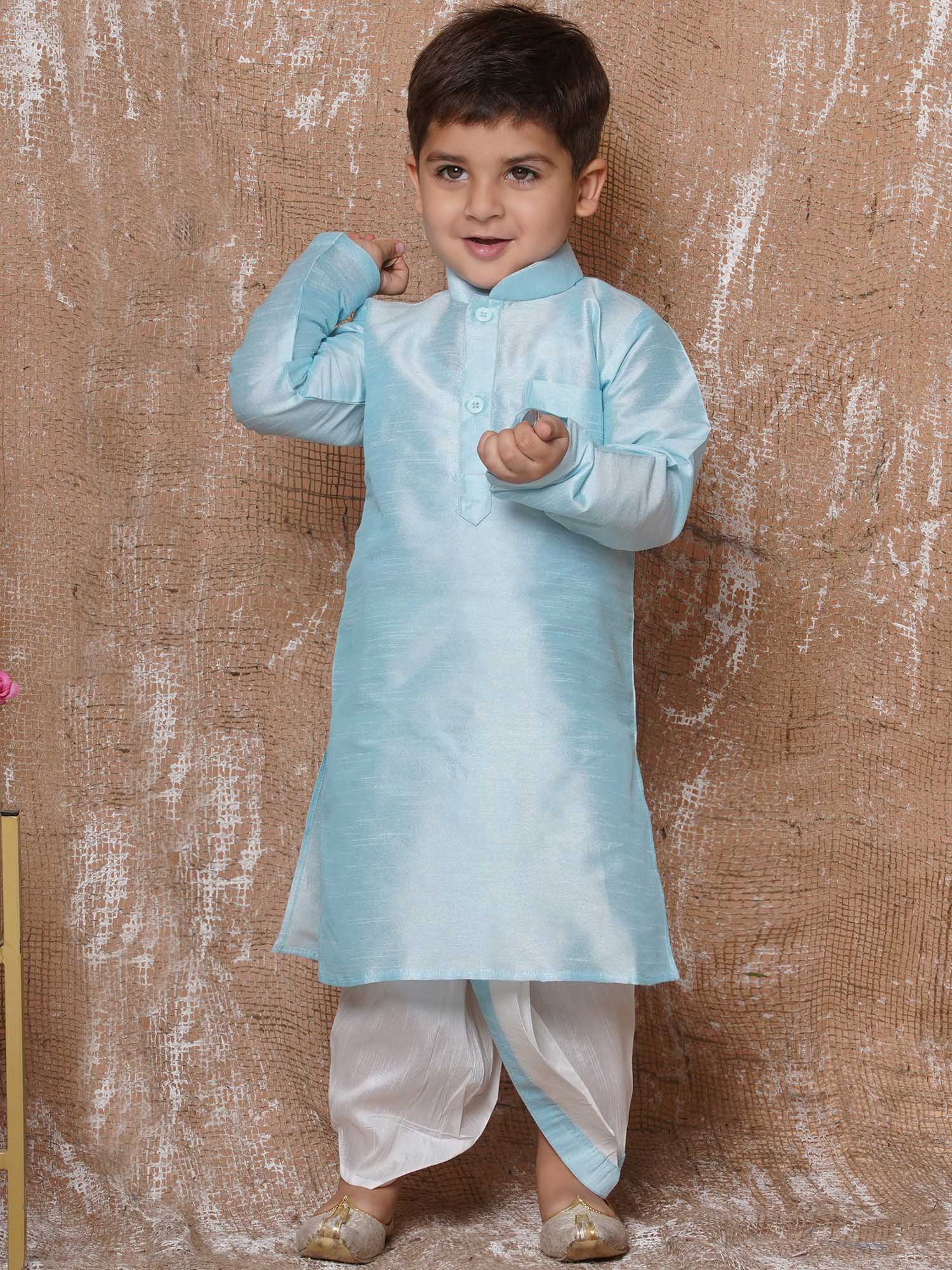 Boys Sky Blue Solid Silk Blend Dhoti Kurta Set for Festive Wear - AJ Dezines
