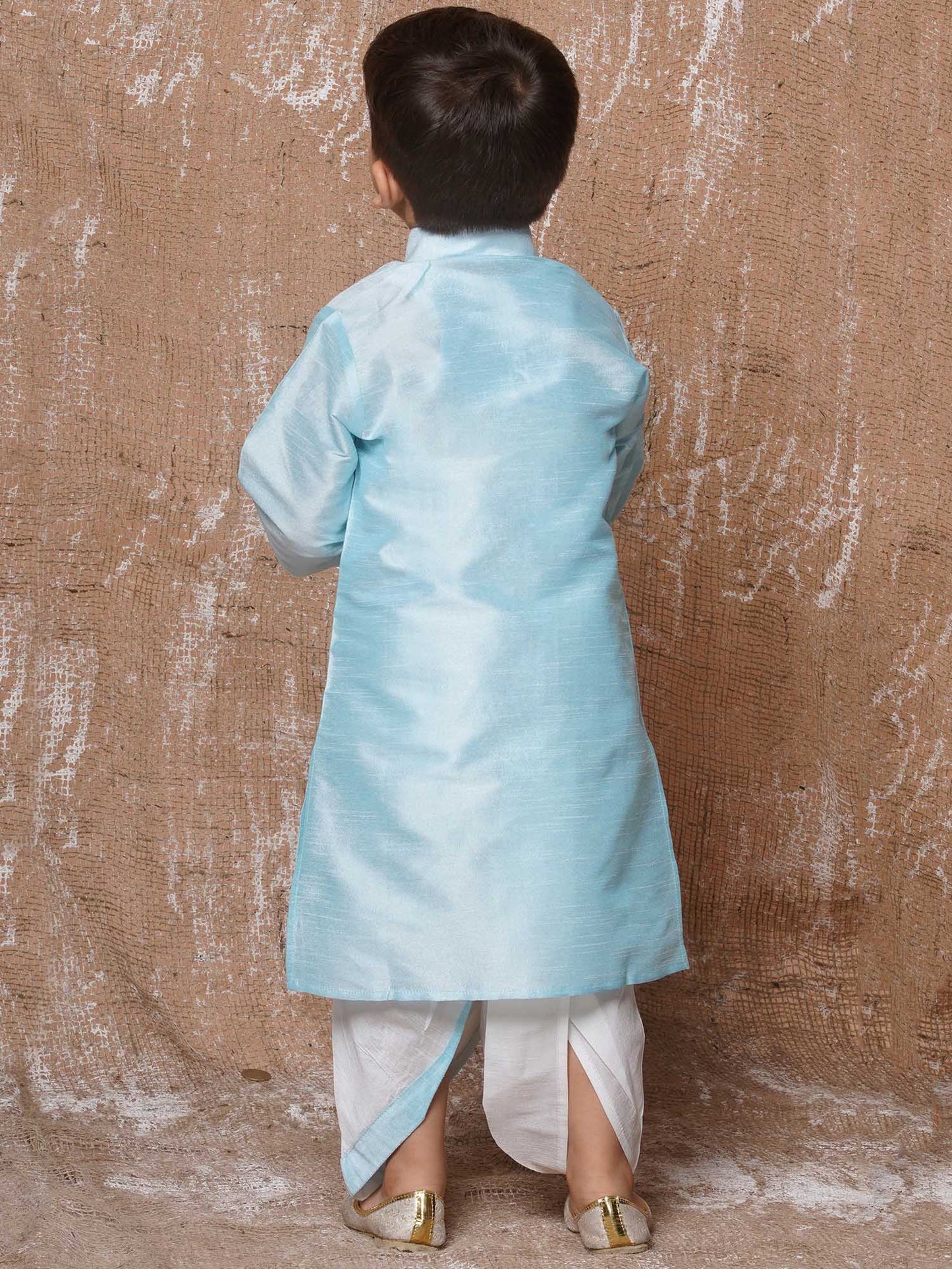 Kids Boys Sky Blue Solid Silk Blend Dhoti Set