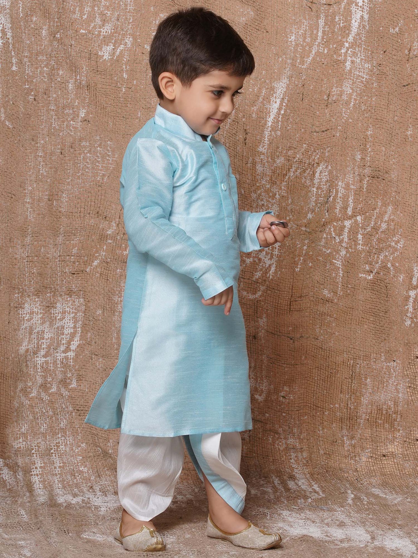 Kids Boys Sky Blue Solid Silk Blend Dhoti Set