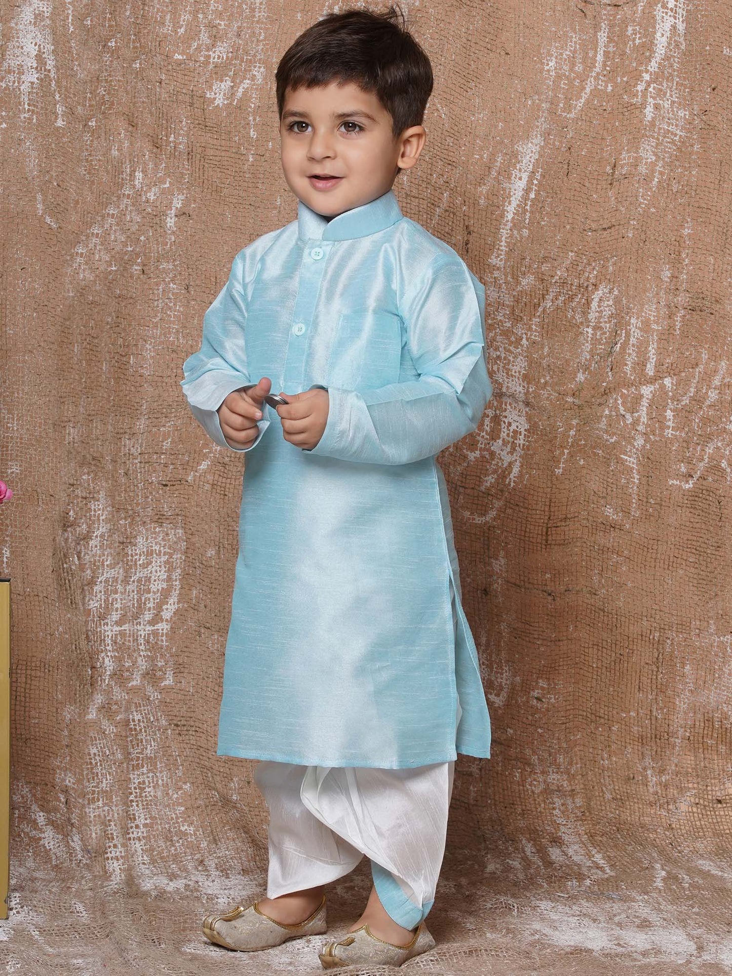 Kids Boys Sky Blue Solid Silk Blend Dhoti Set