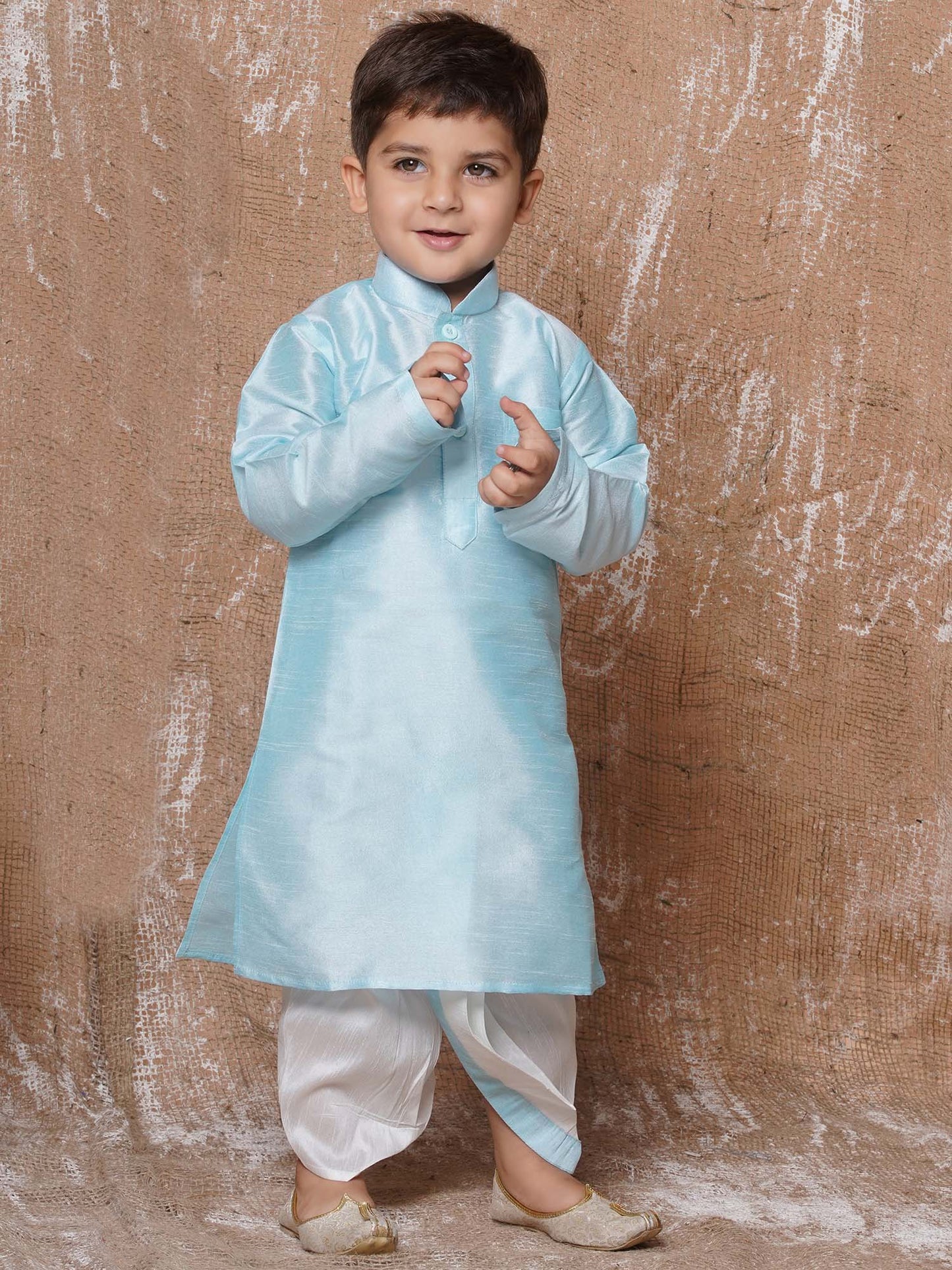 Kids Boys Sky Blue Solid Silk Blend Dhoti Set