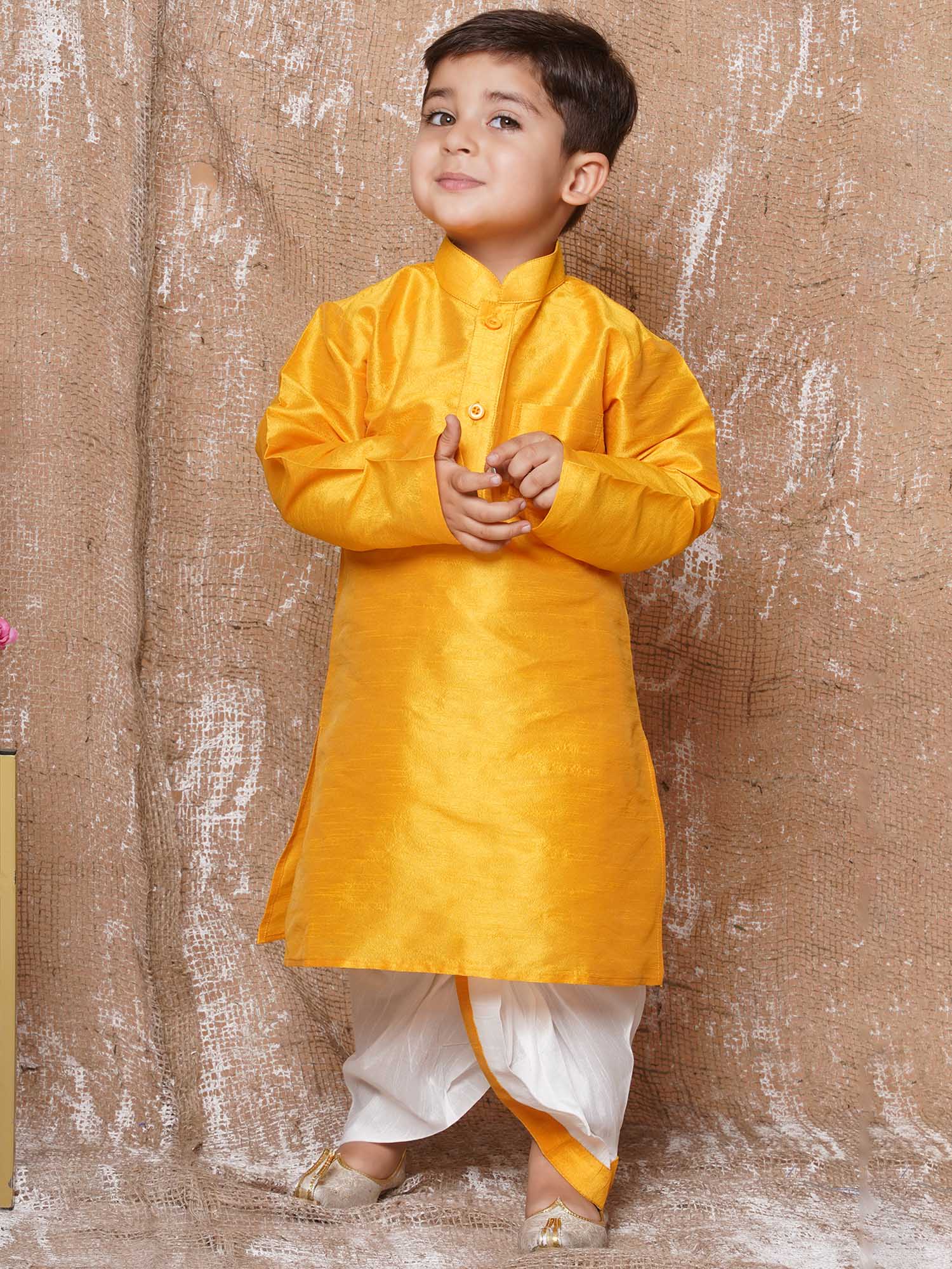 Boys Yellow Solid Silk Blend Dhoti Kurta Set for Festive Wear - AJ Dezines
