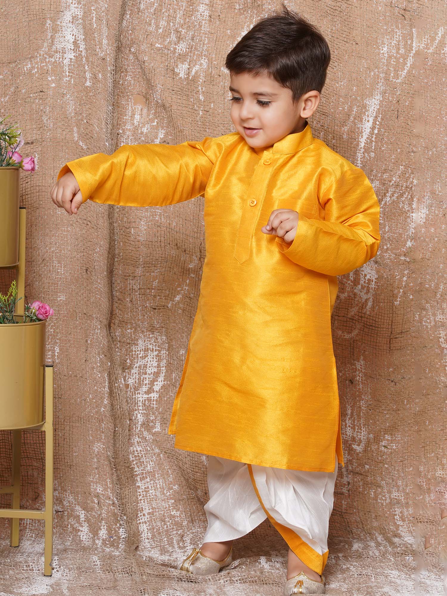 Boys Yellow Solid Silk Blend Dhoti Kurta Set for Festive Wear - AJ Dezines