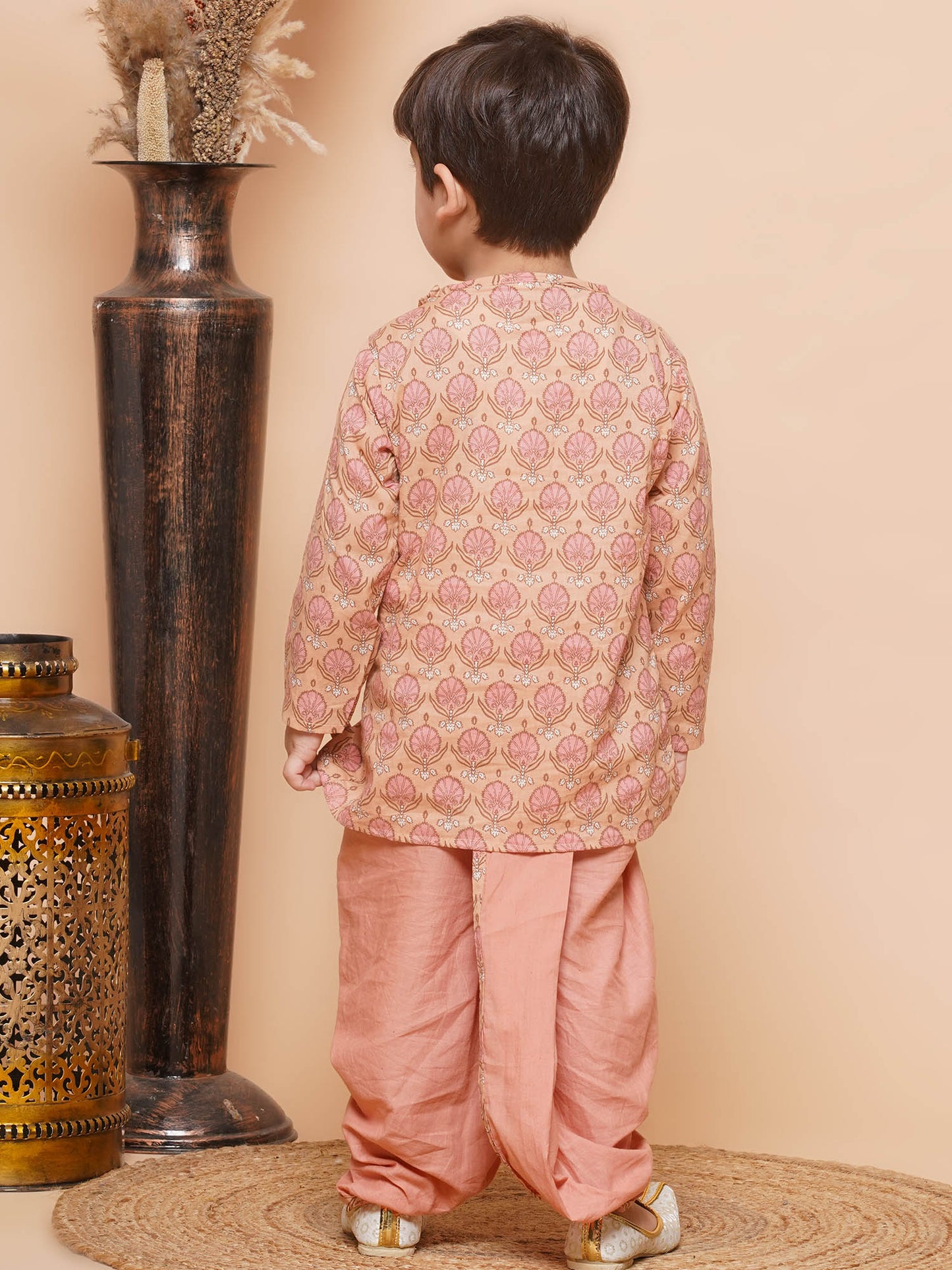 Kids Boys Peach Block Print Pure Cotton Dhoti Set