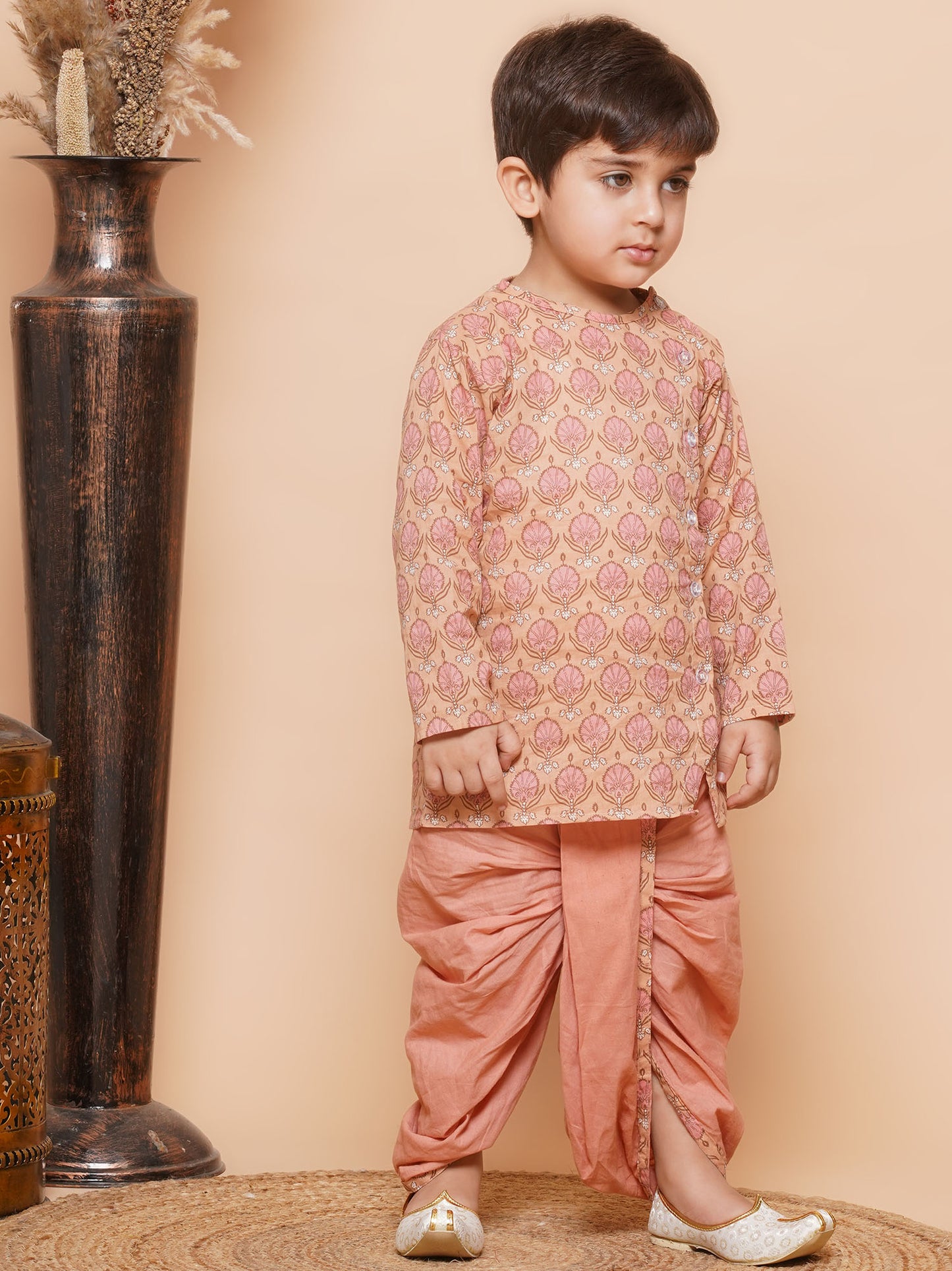 Kids Boys Peach Block Print Pure Cotton Dhoti Set