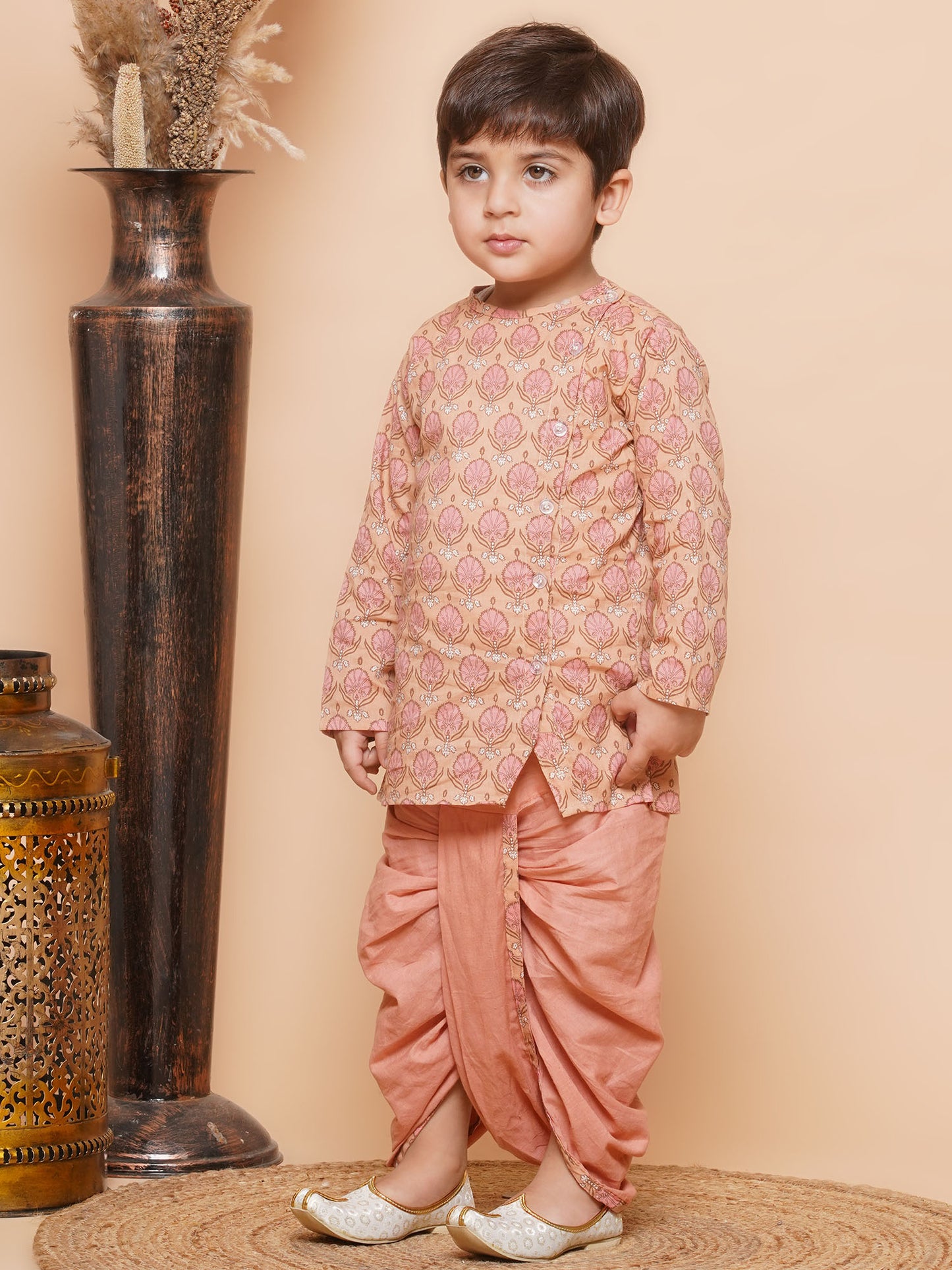 Kids Boys Peach Block Print Pure Cotton Dhoti Set