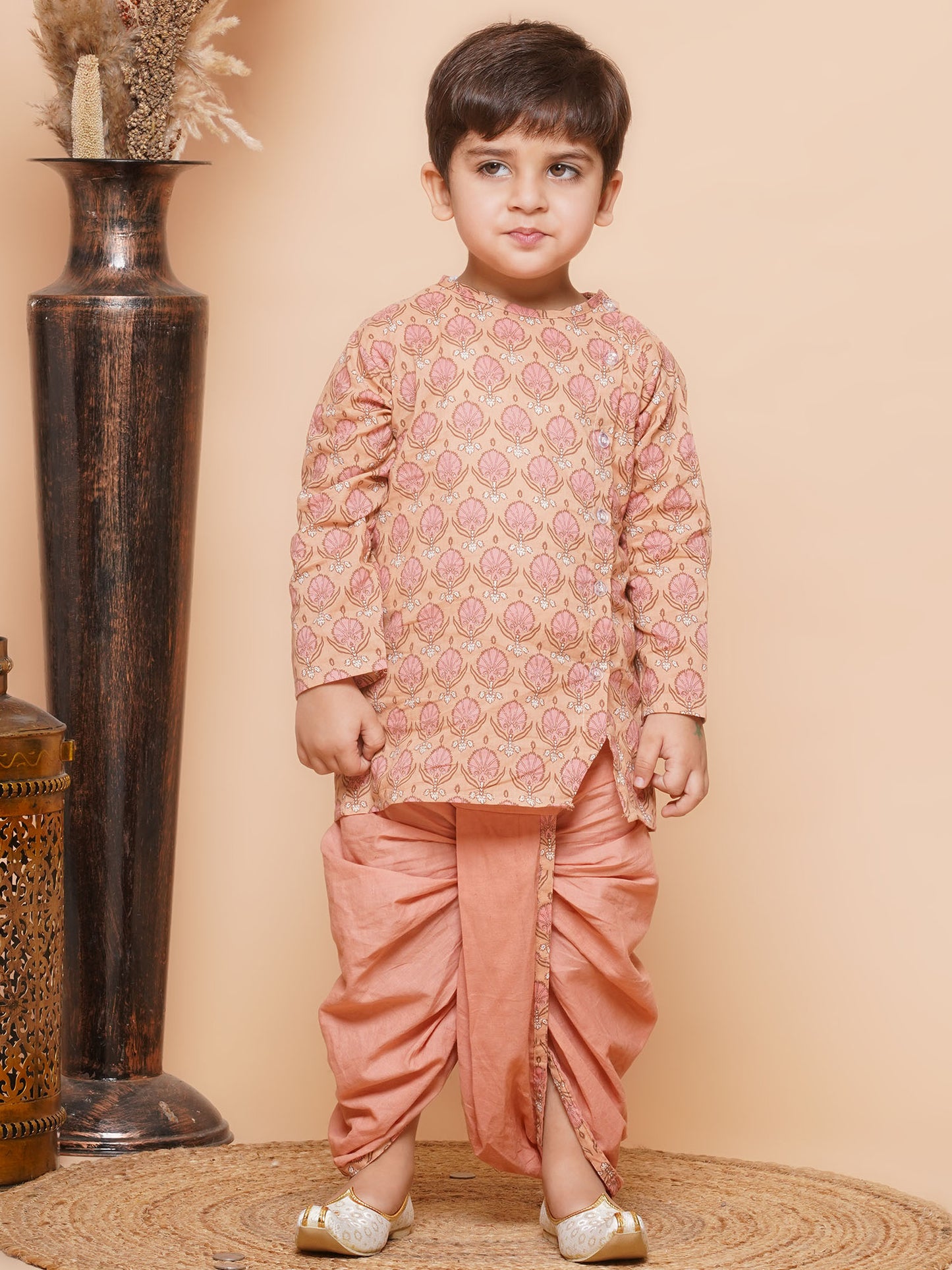 Kids Boys Peach Block Print Pure Cotton Dhoti Set