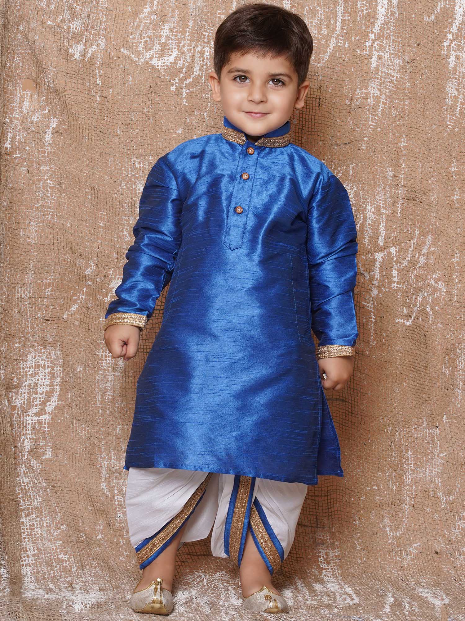 Kids Ethnic Wear Boys Blue Silk Blend Dhoti Set