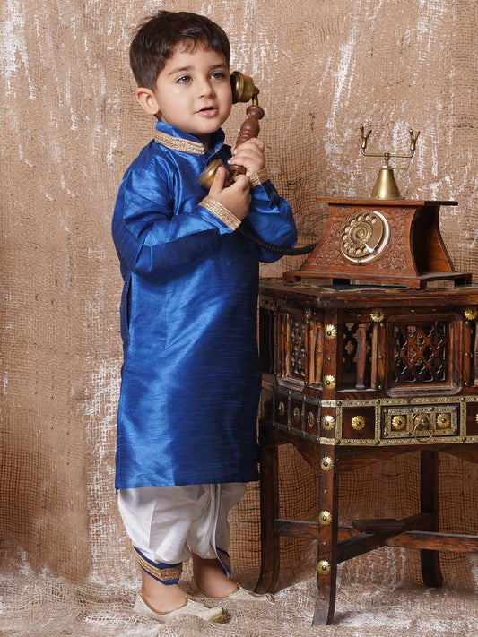 Kids Boys Blue Solid Silk Blend Dhoti Set