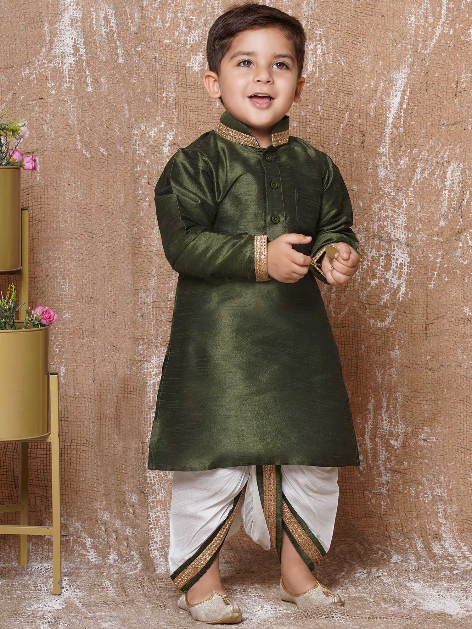 Kids Ethnic Wear Boys Green Silk Blend Dhoti Set