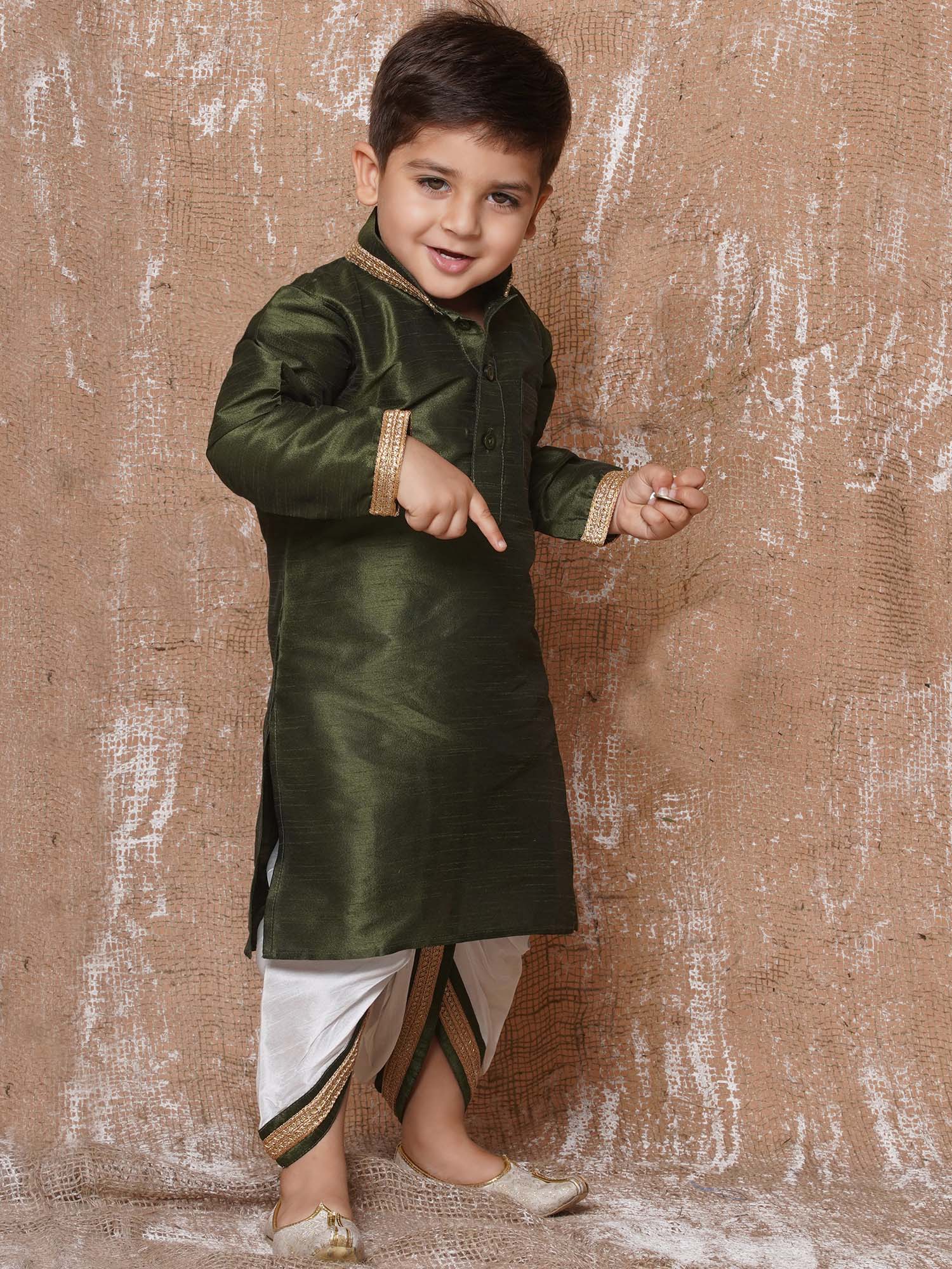 Kids Ethnic Wear Boys Green Silk Blend Dhoti Set