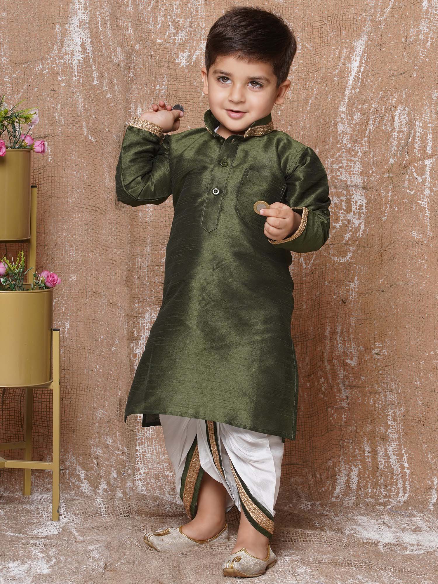Kids Ethnic Wear Boys Green Silk Blend Dhoti Set