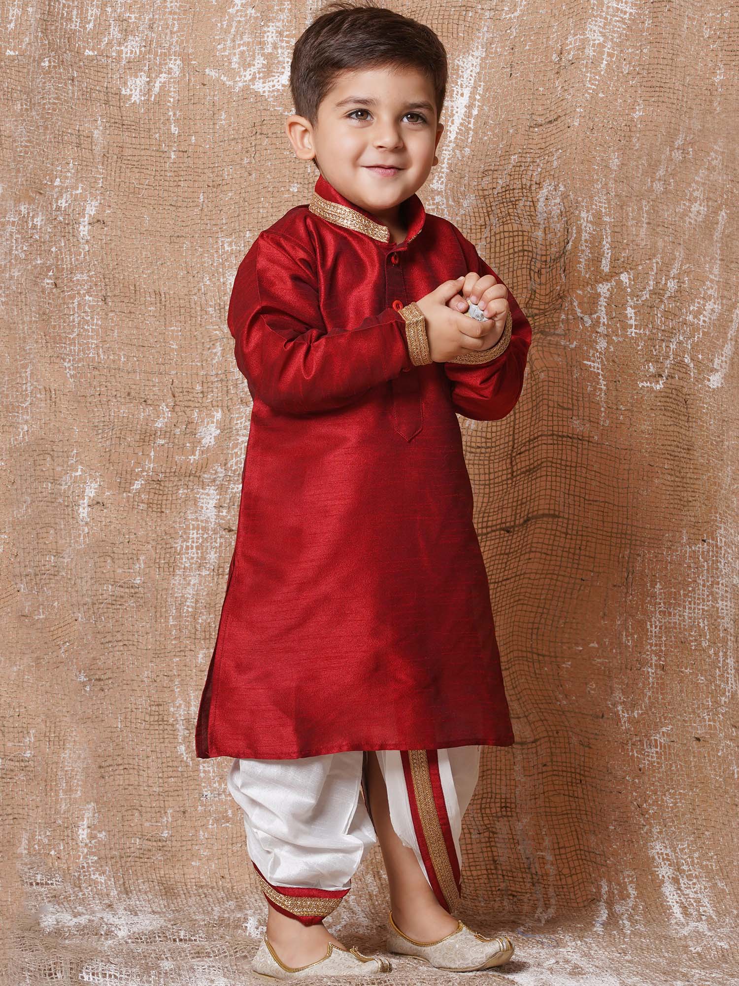 Kids Ethnic Wear Boys Maroon Silk Blend Dhoti Set