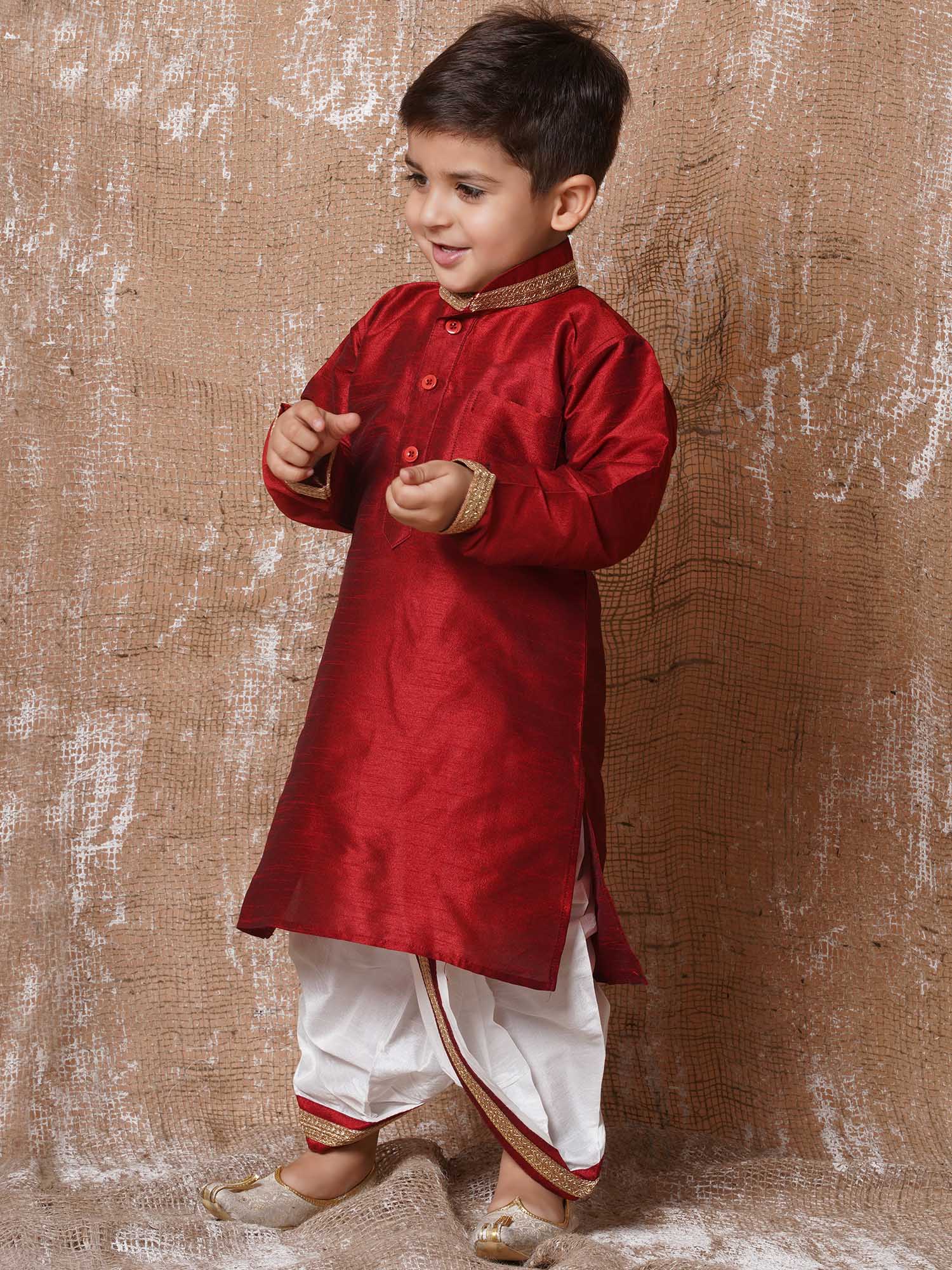 Kids Ethnic Wear Boys Maroon Silk Blend Dhoti Set