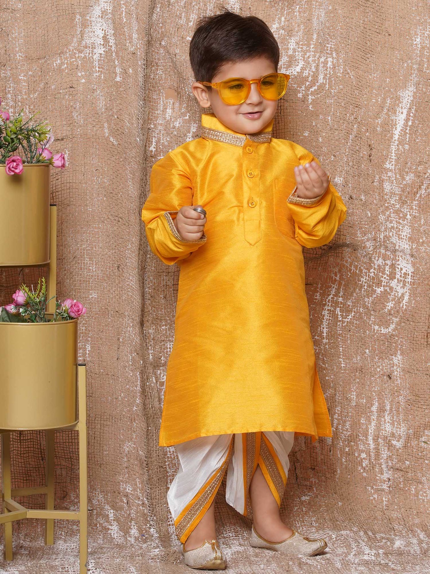 Kids Boys Yellow Solid Silk Blend Dhoti Set