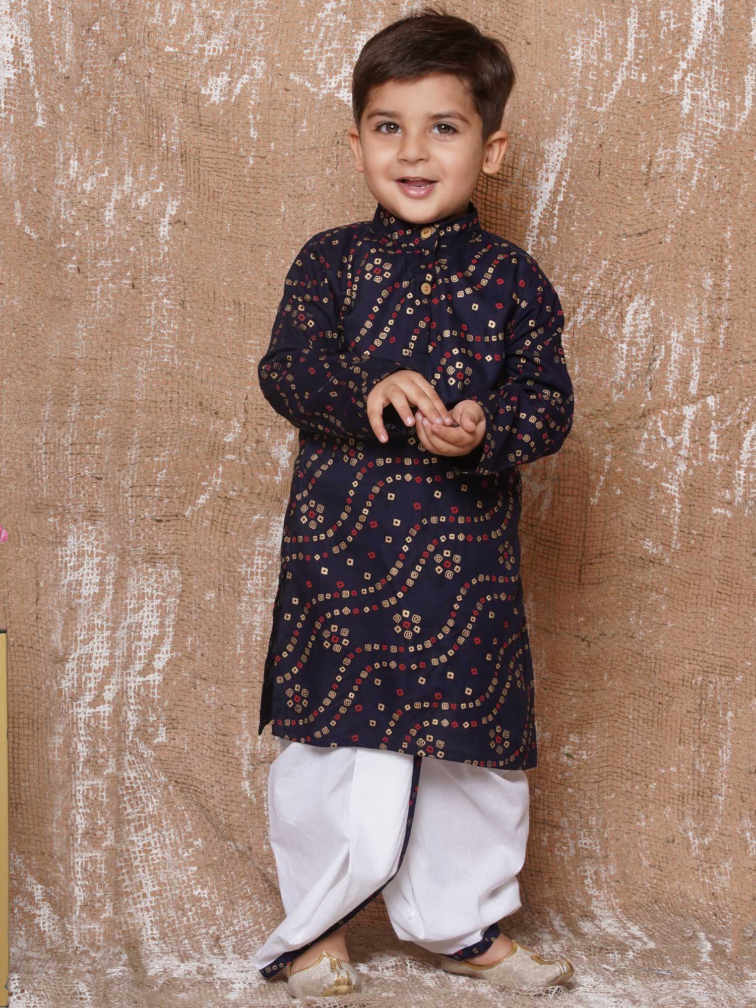 Kids Boys Navy Blue Bandhani Print Pure Cotton Dhoti Set - AJ Dezines