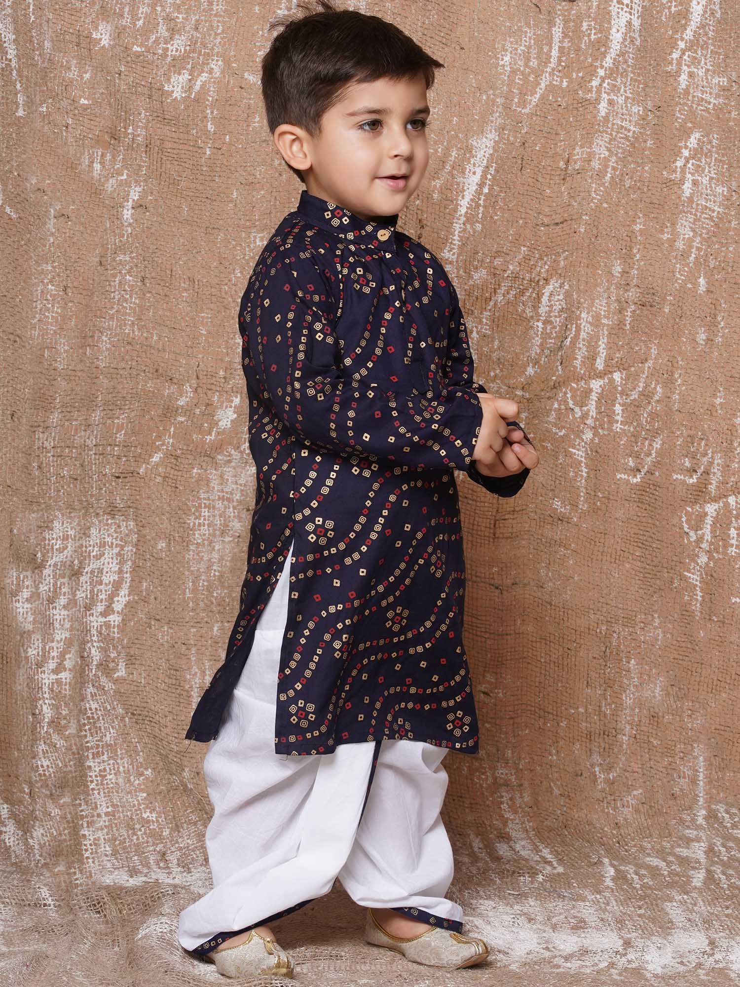 Kids Boys Navy Blue Bandhani Print Pure Cotton Dhoti Set - AJ Dezines