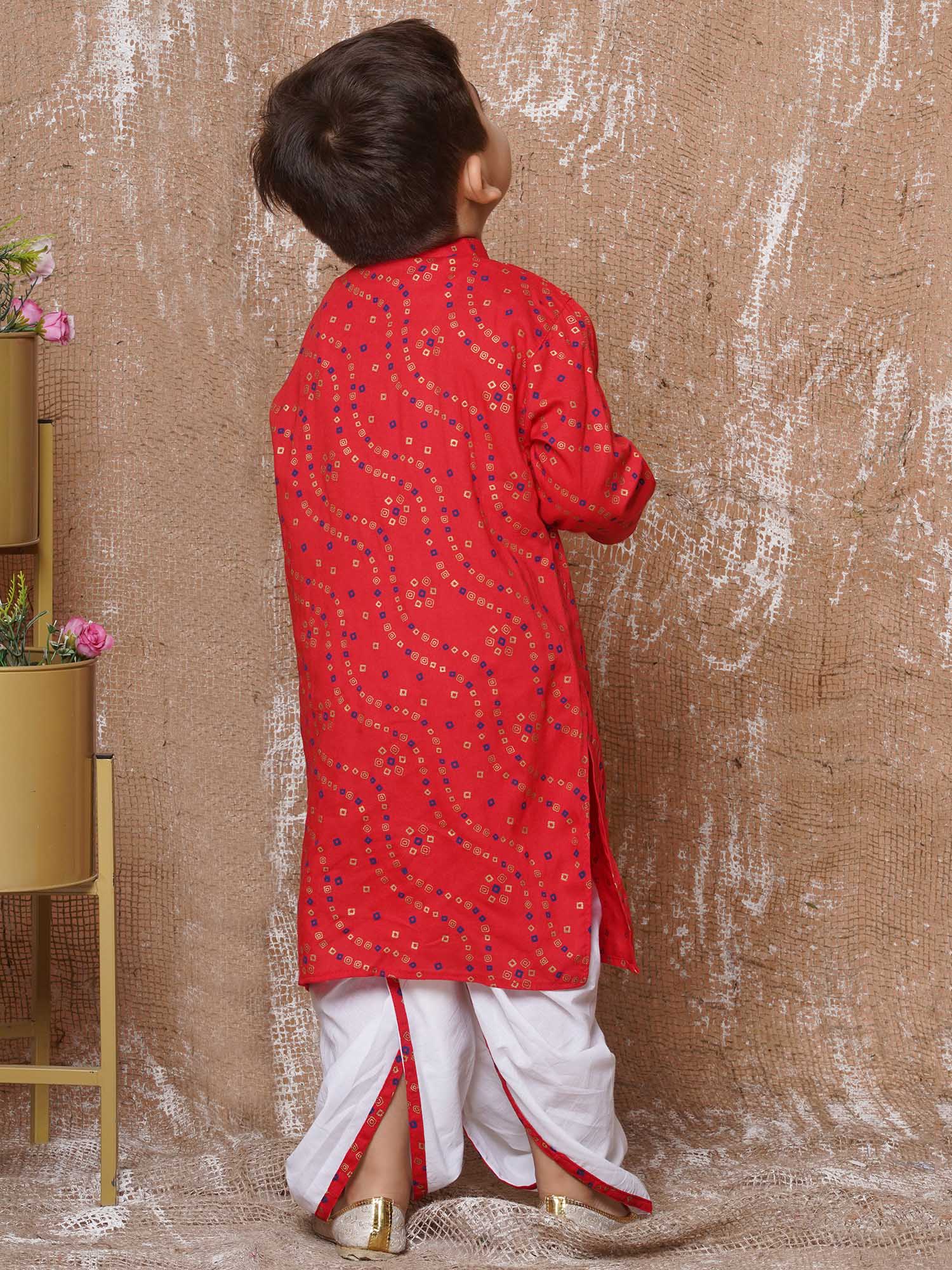 Kids Boys Red Bandhani Print Pure Cotton Dhoti Set - AJ Dezines