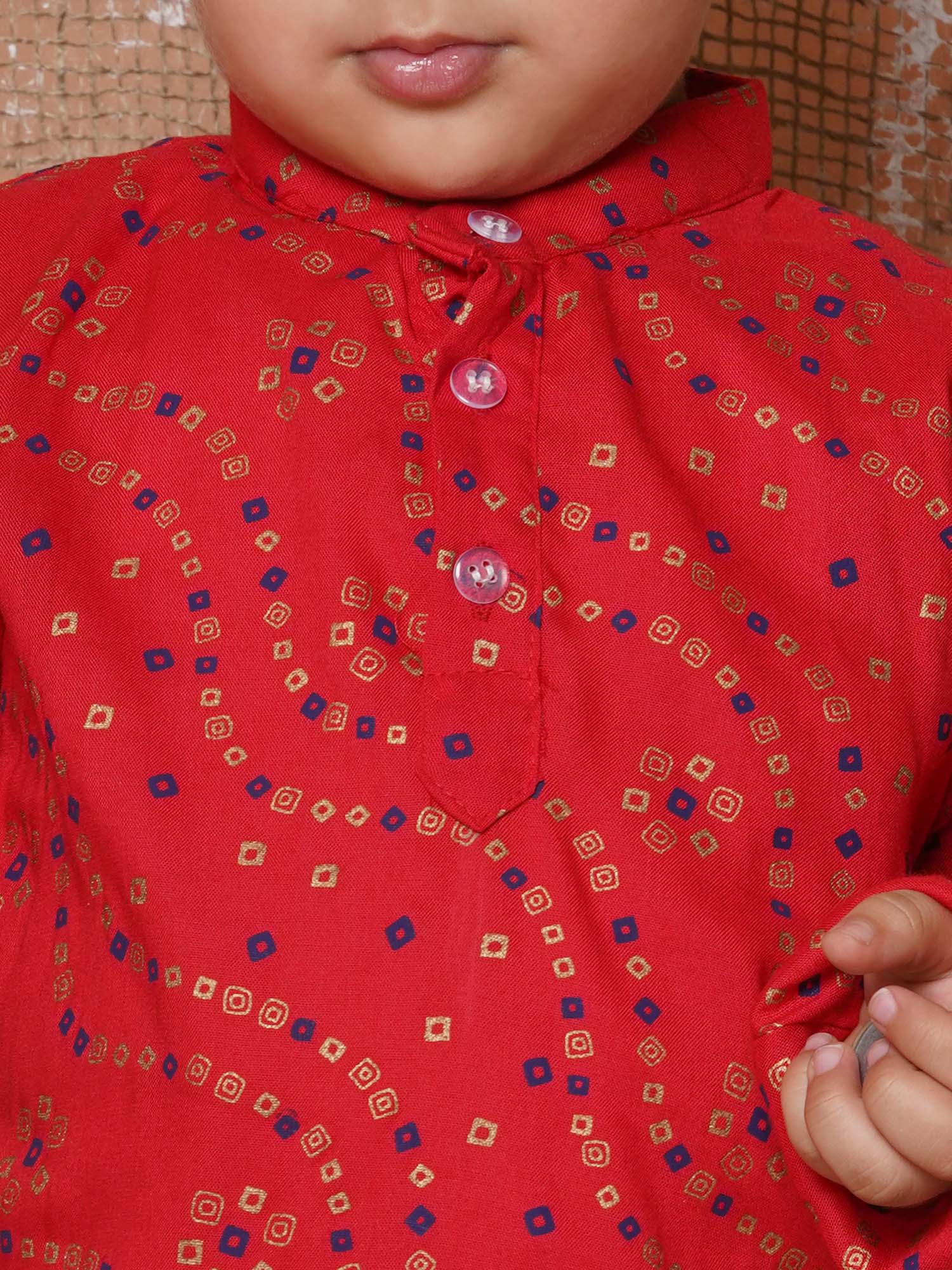Kids Boys Red Bandhani Print Pure Cotton Dhoti Set - AJ Dezines