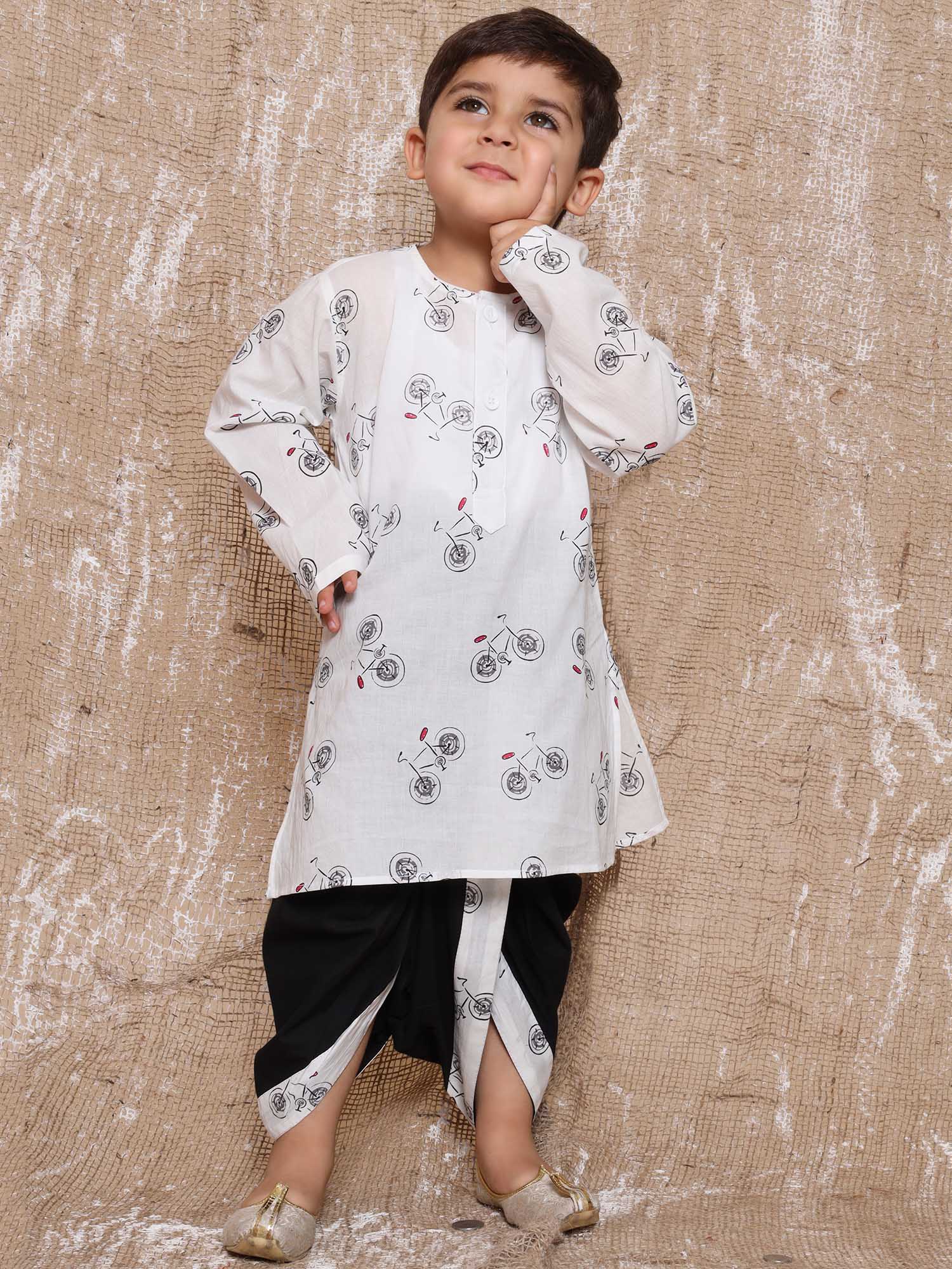 Kids Boys Black Cycle Print Pure Cotton Dhoti Set