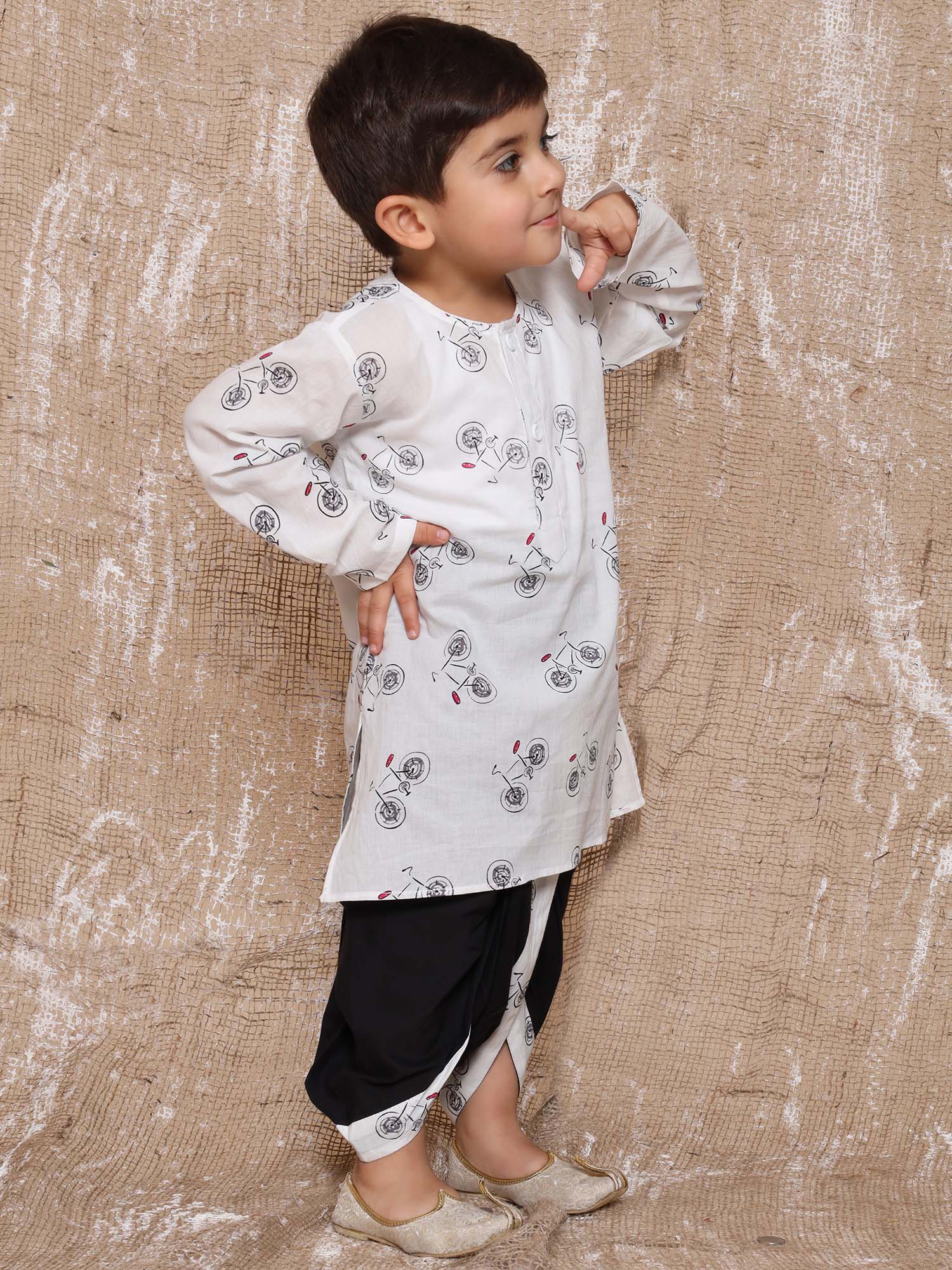 Kids Boys Black Cycle Print Pure Cotton Dhoti Set