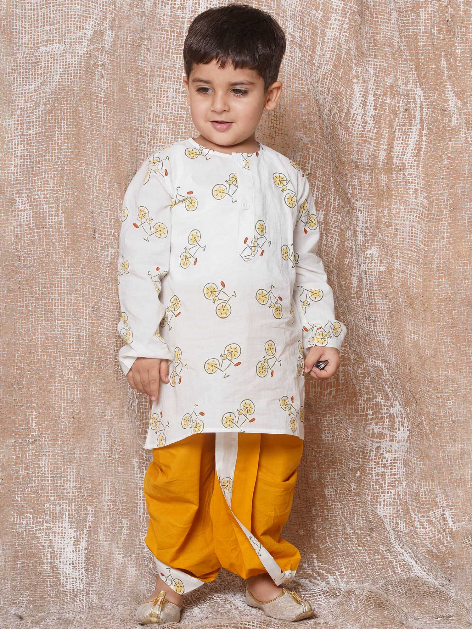 Kids Boys Yellow Cycle Print Pure Cotton Dhoti Set