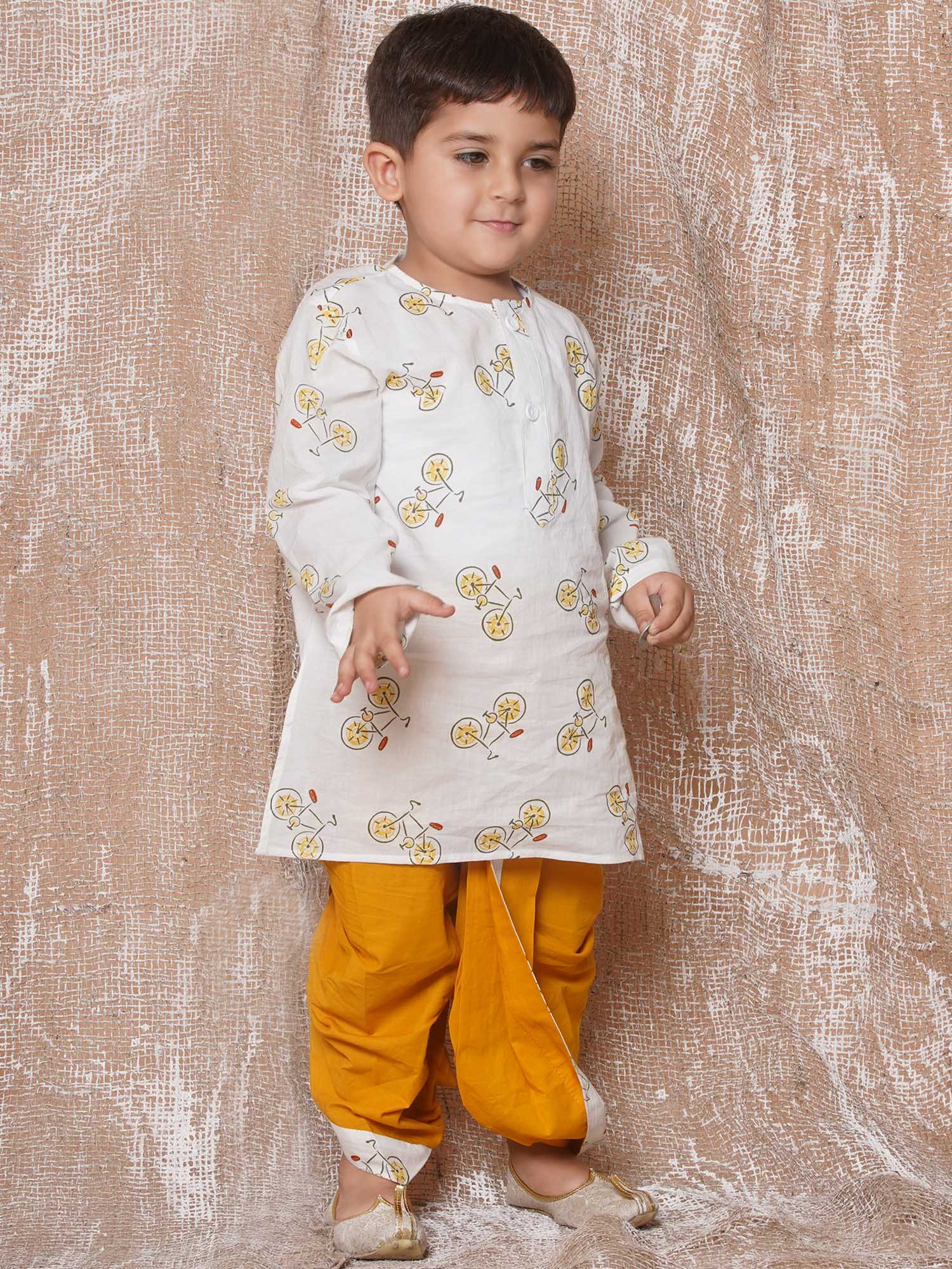 Kids Boys Yellow Cycle Print Pure Cotton Dhoti Set