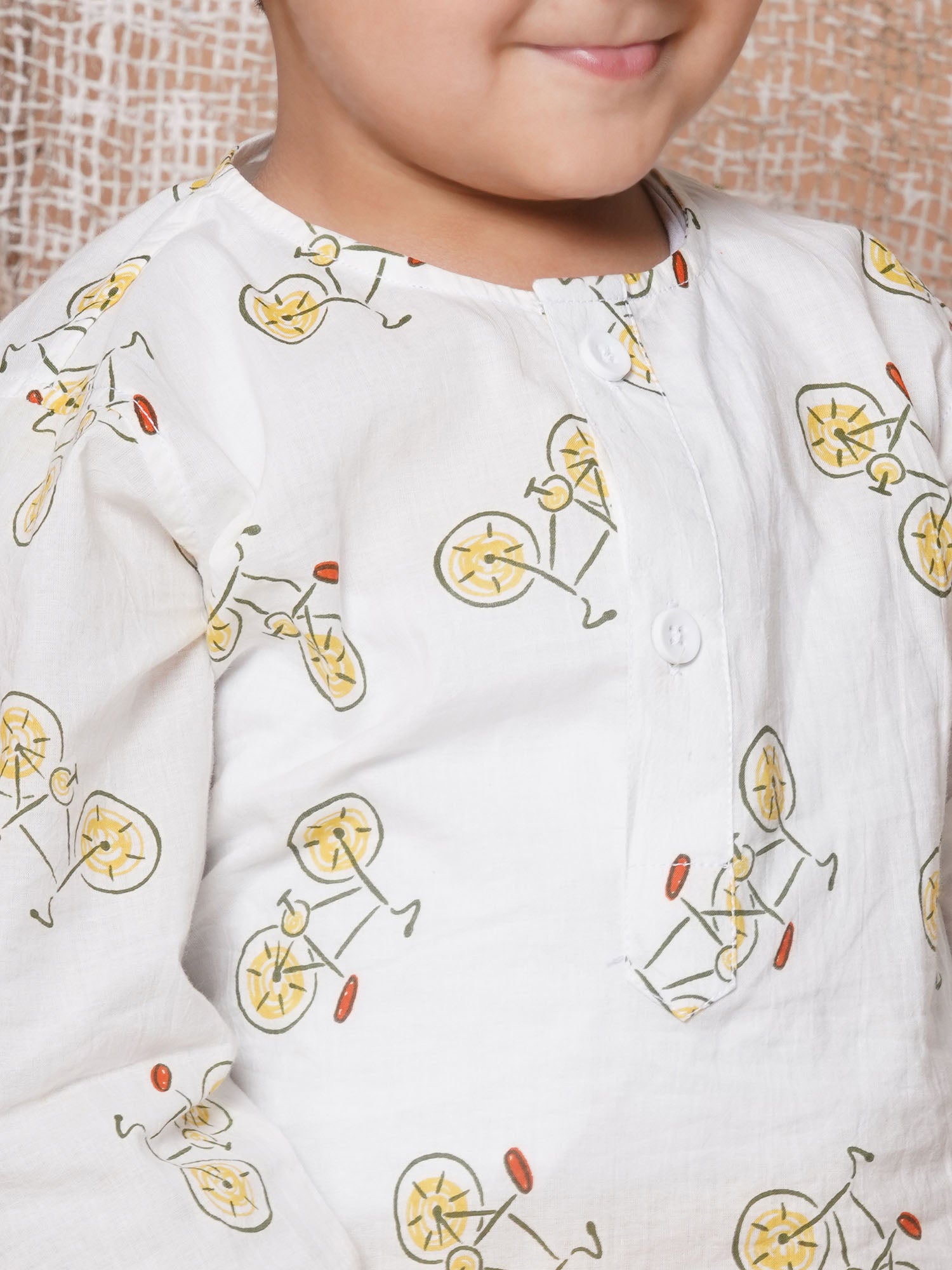 Kids Boys Yellow Cycle Print Pure Cotton Dhoti Set
