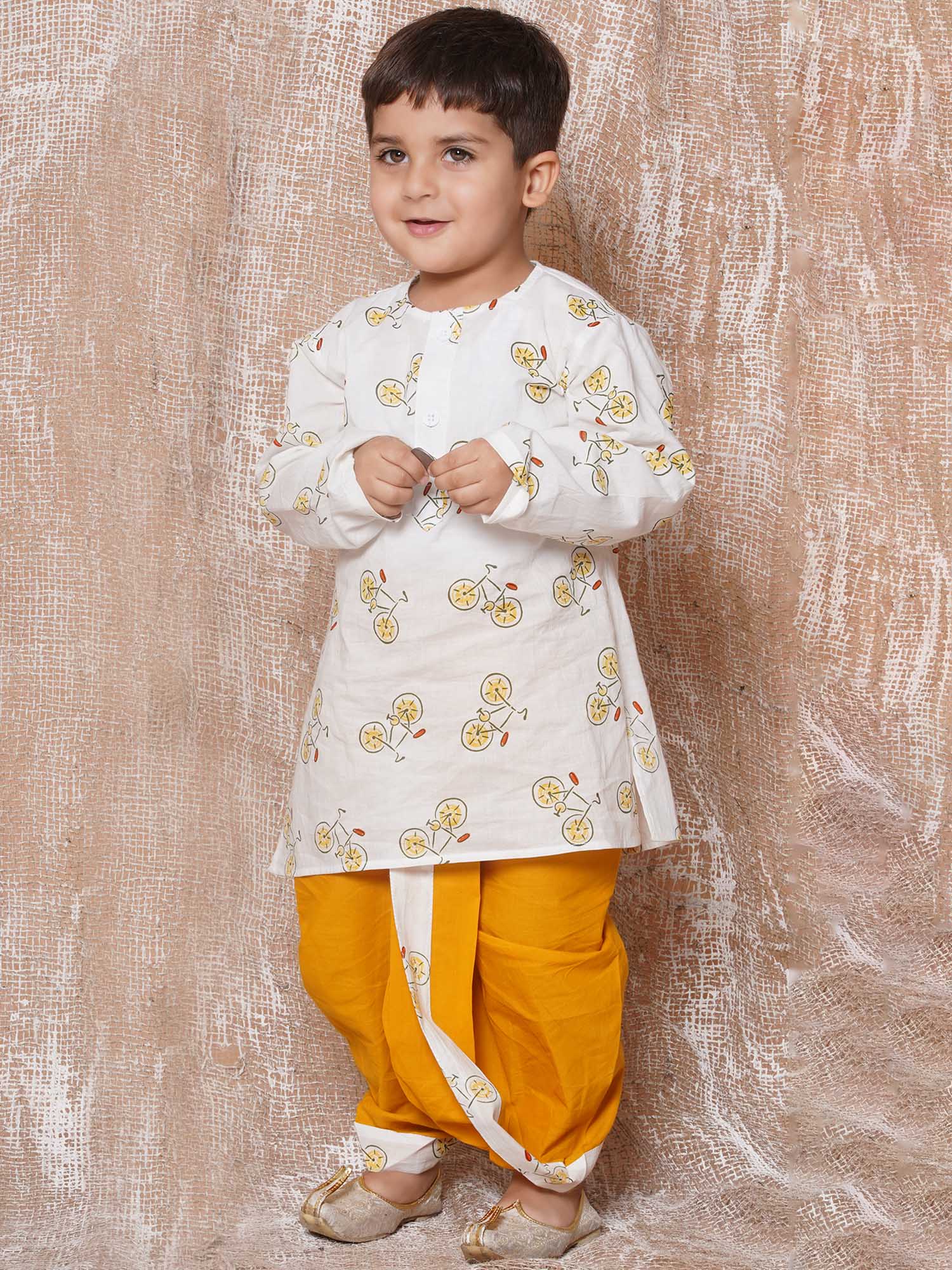 Kids Boys Yellow Cycle Print Pure Cotton Dhoti Set