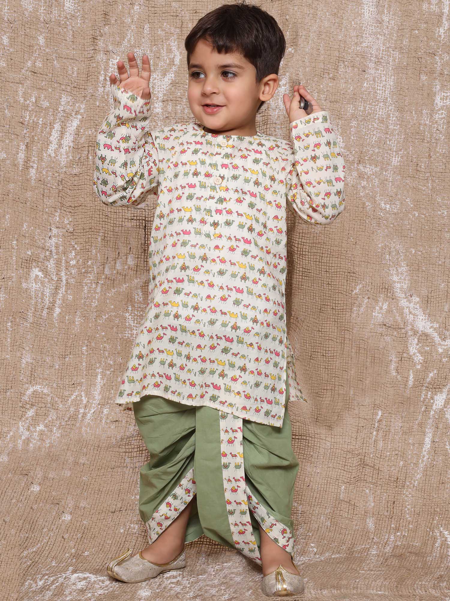 Kids Boys Green Animal Print Pure Cotton Dhoti Set - AJ Dezines