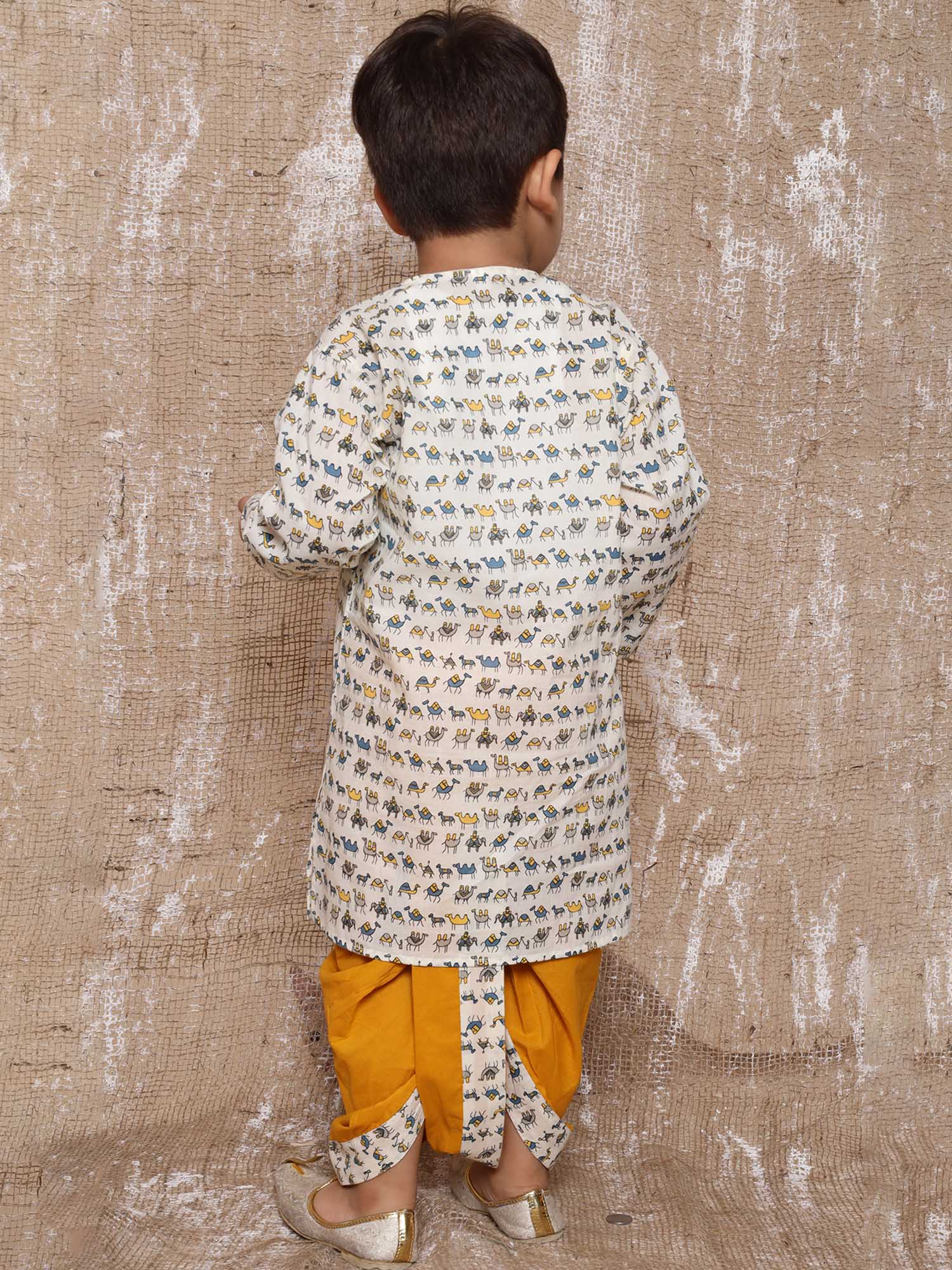 Kids Boys Yellow Animal Print Pure Cotton Dhoti Set - AJ Dezines